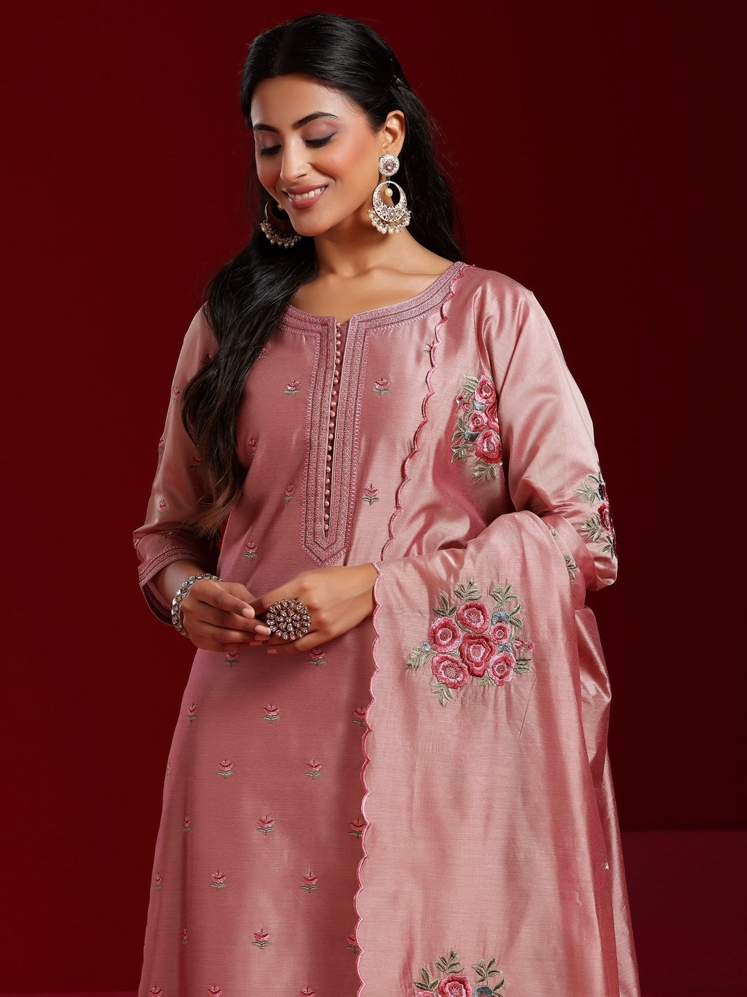 Libas Art Pink Embroidered Chanderi Silk Straight Suit With Dupatta