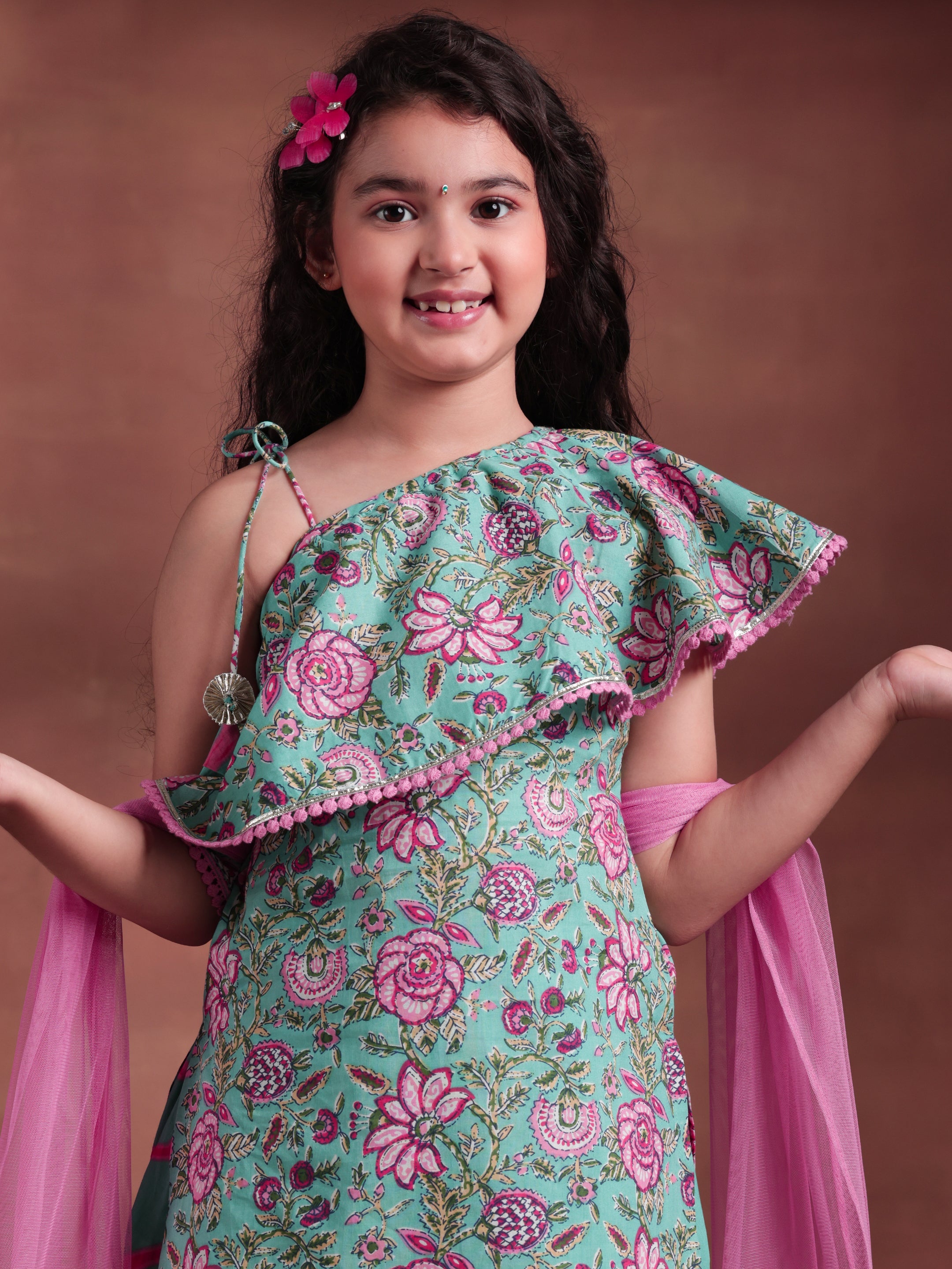 Kids Green Printed Cotton Straight Kurta With Dhoti Pants