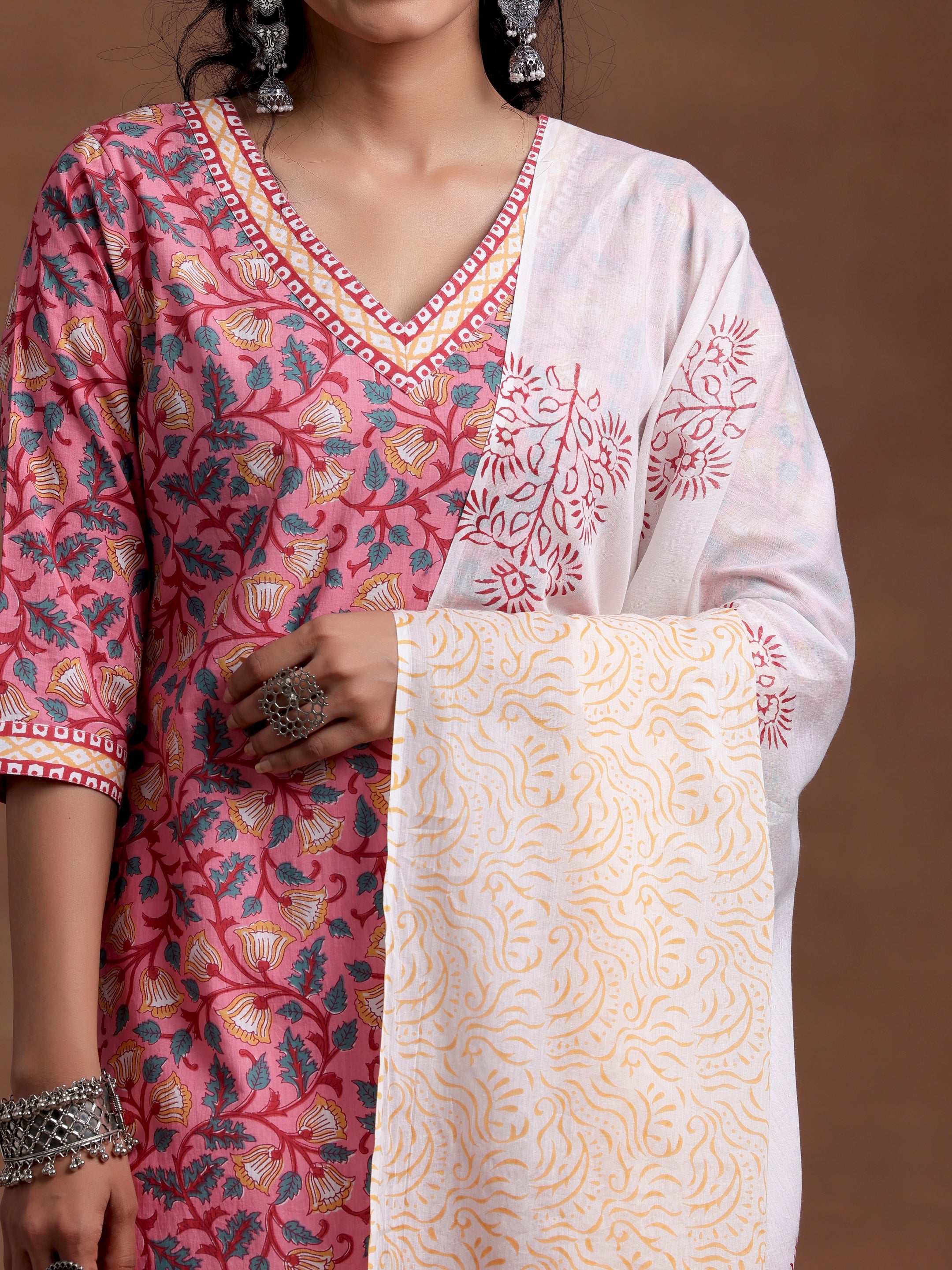 Pink Printed Cotton Straight Suit With Dupatta