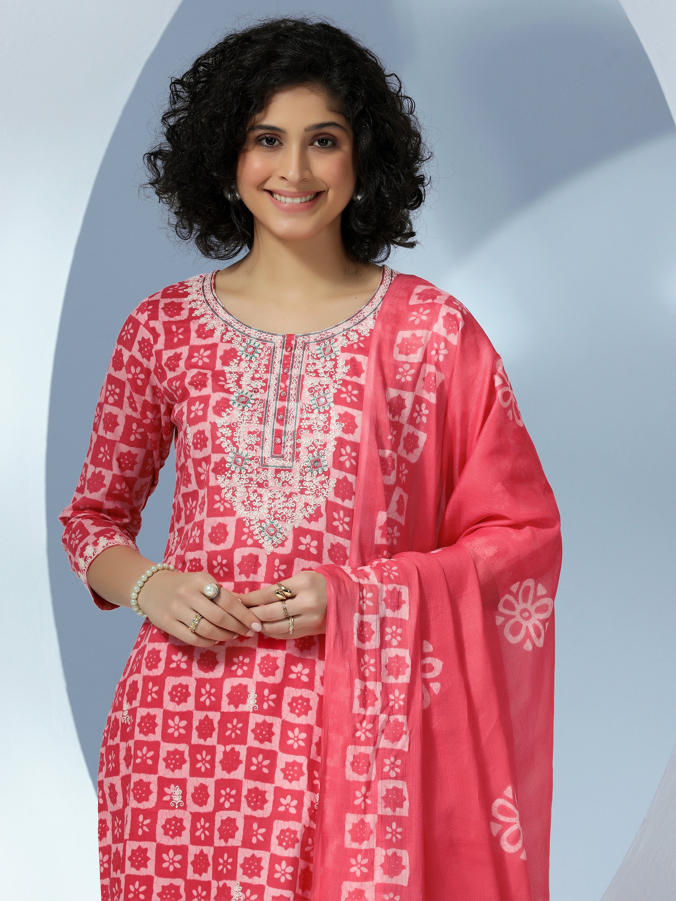 Coral Printed Cotton Straight Suit With Dupatta