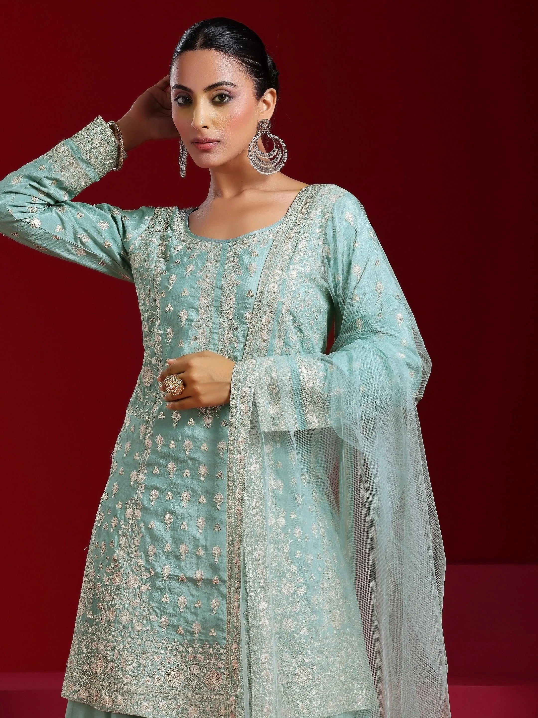 Libas Art Green Embroidered Silk Blend A-Line Kurta With Sharara & Dupatta