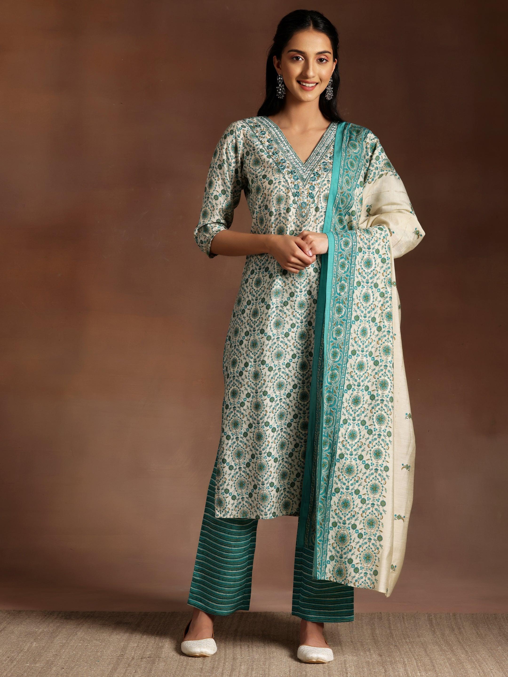 Blue Printed Silk Blend Straight Suit With Dupatta