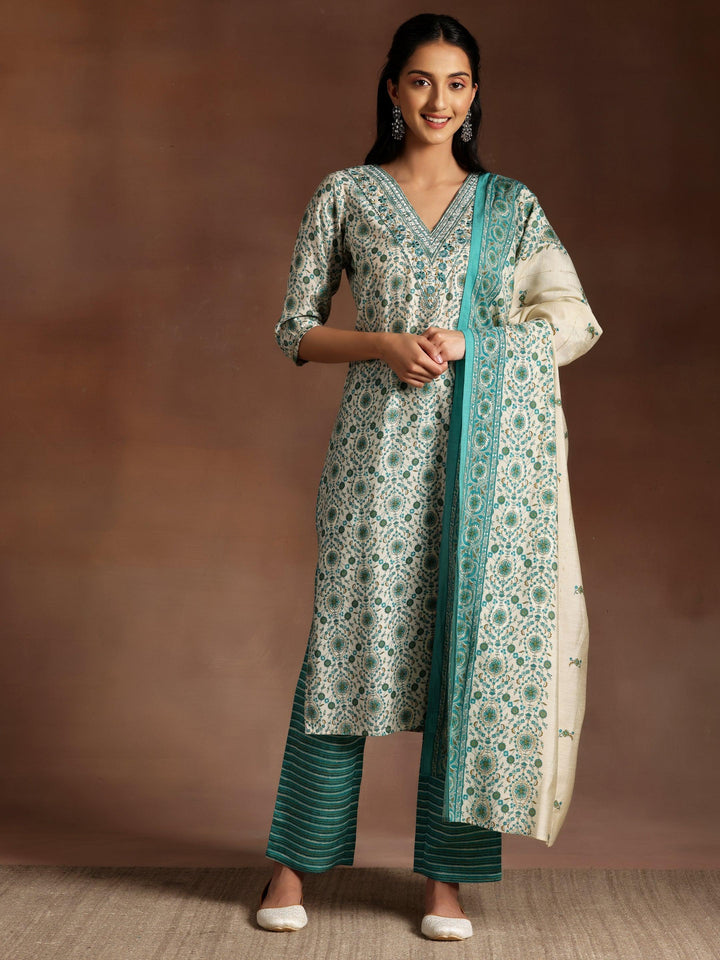 Blue Printed Silk Blend Straight Kurta With Trousers & Dupatta - ShopLibas