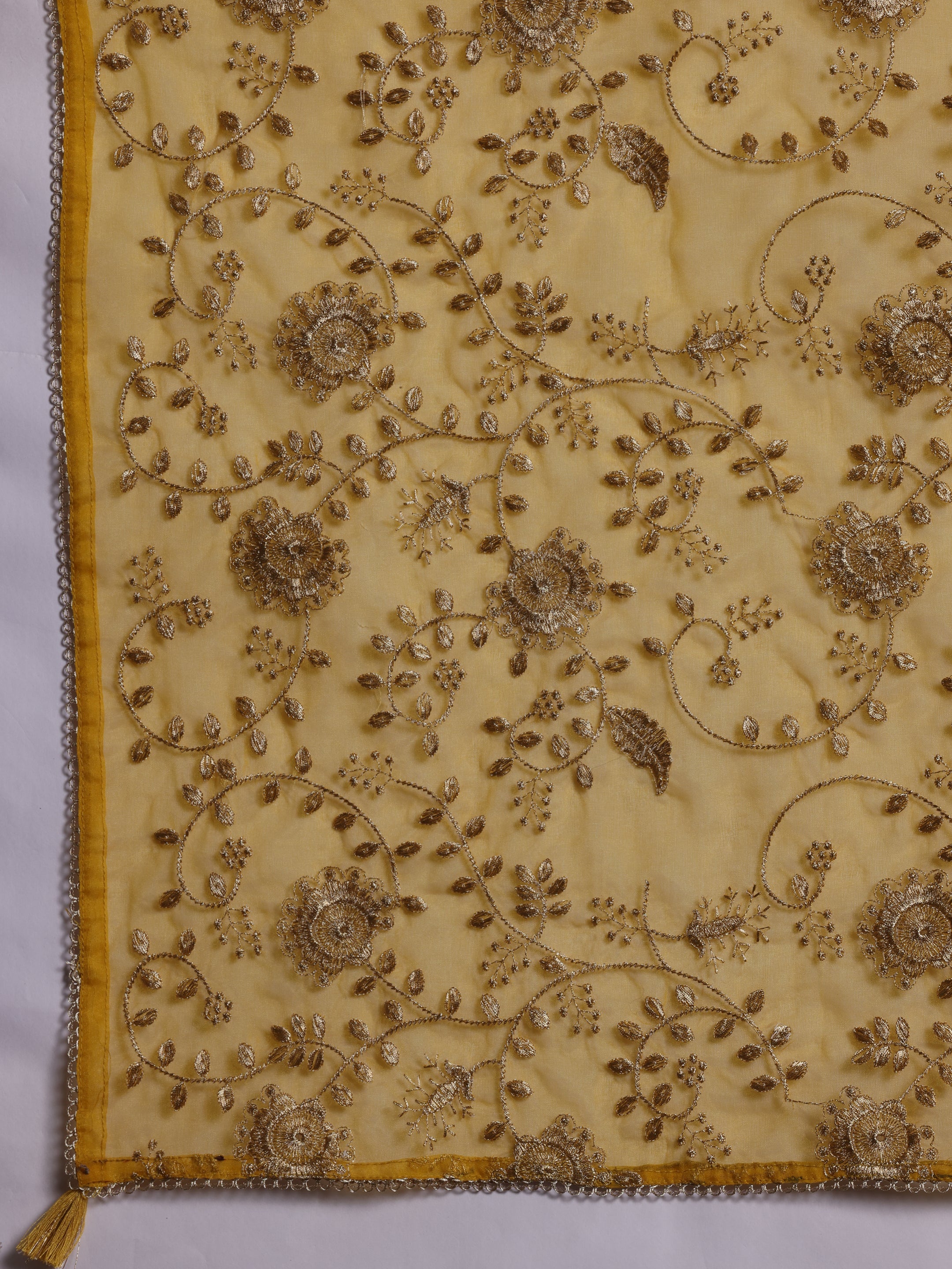 Mustard Embroidered Silk Blend Straight Suit With Dupatta