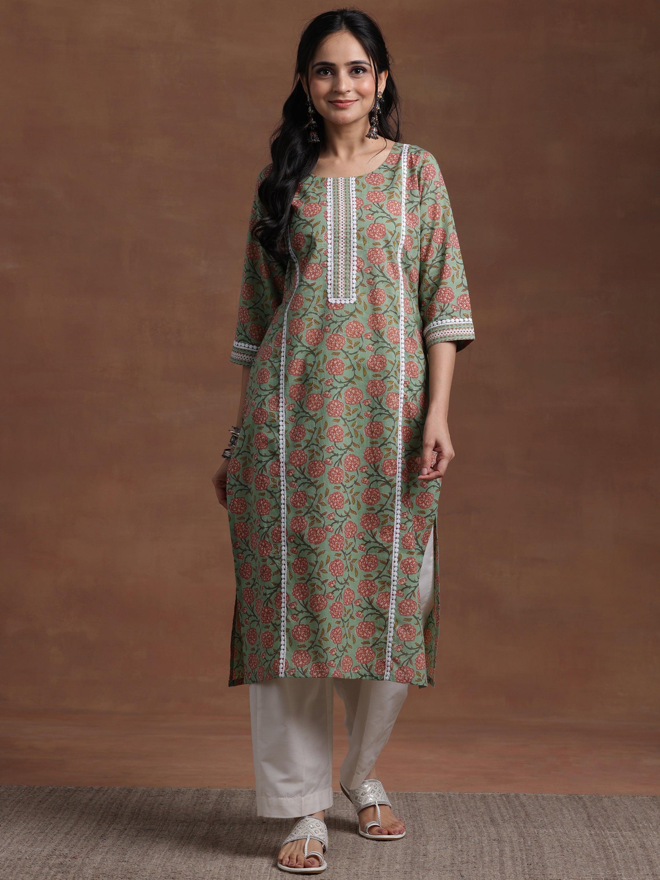 Green Printed Cotton Straight Kurta