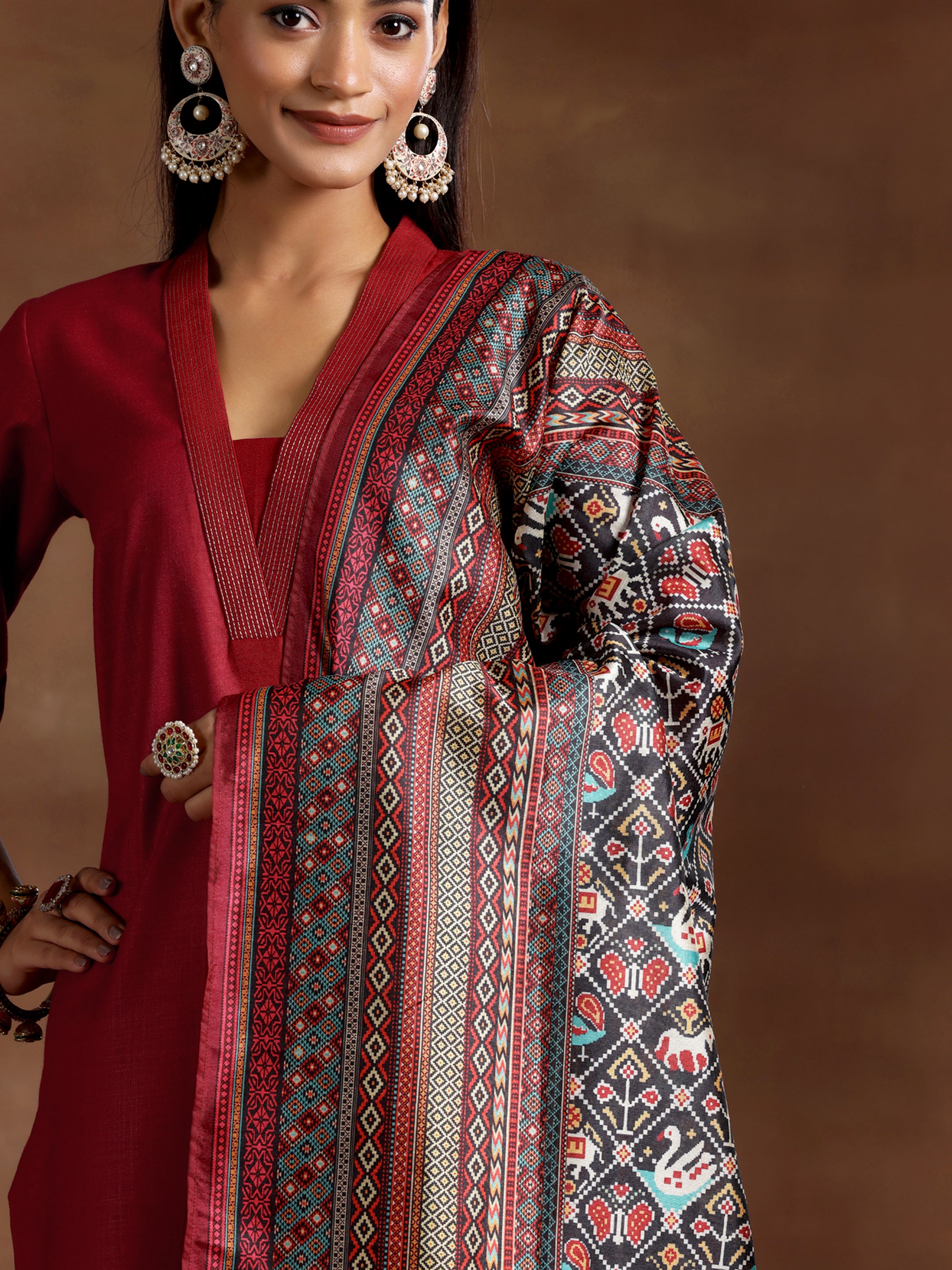 Maroon Solid Silk Blend Straight Suit With Dupatta