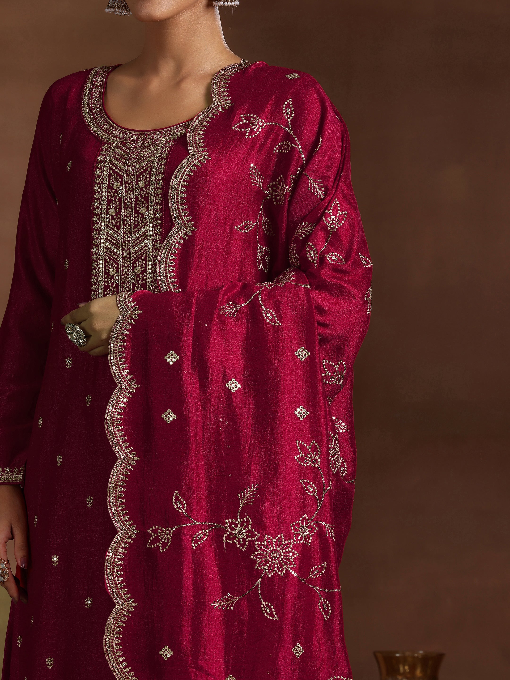 Red Embroidered Silk Blend Straight Suit With Dupatta