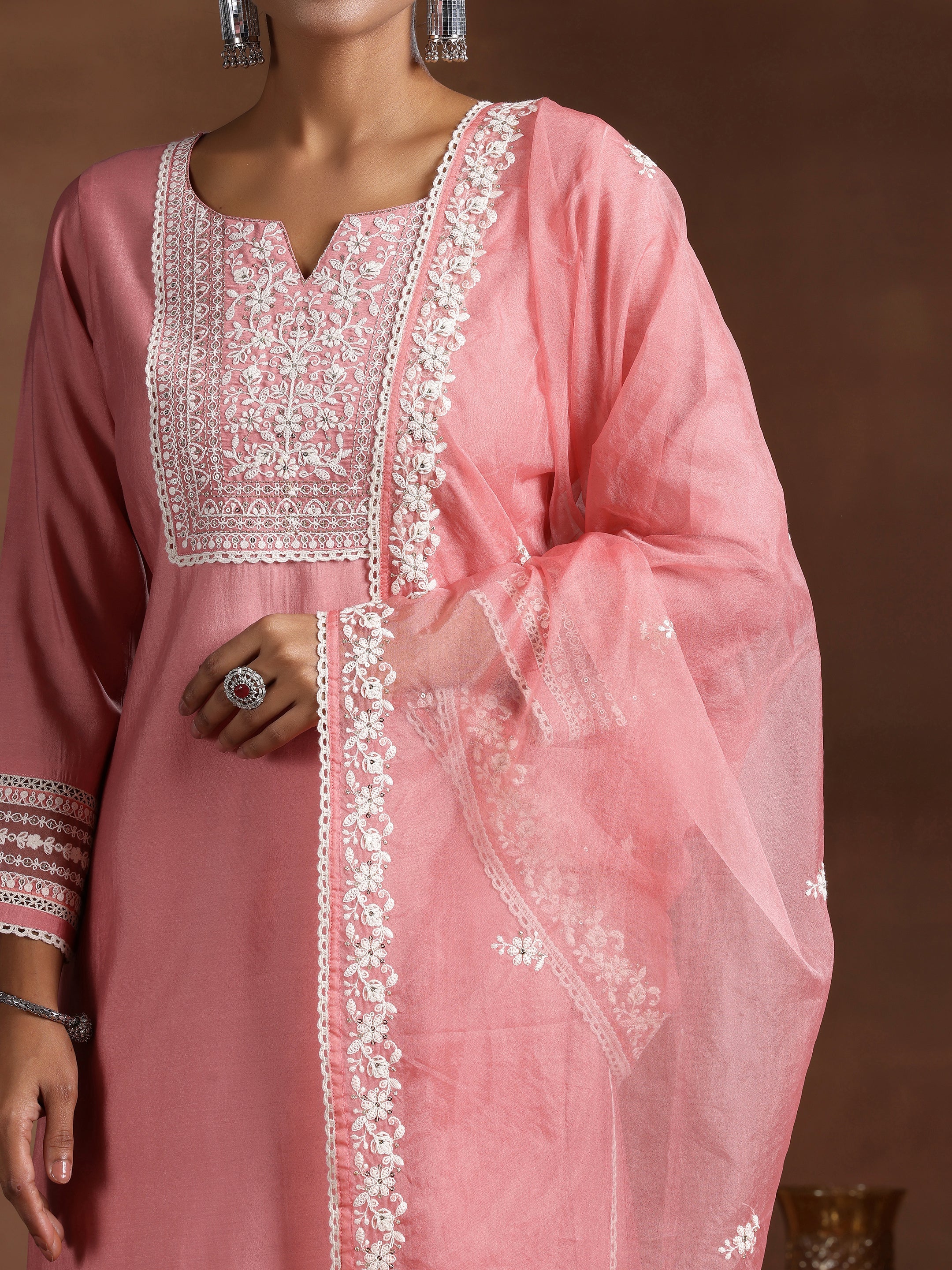 Pink Yoke Design Silk Blend Straight Suit With Dupatta