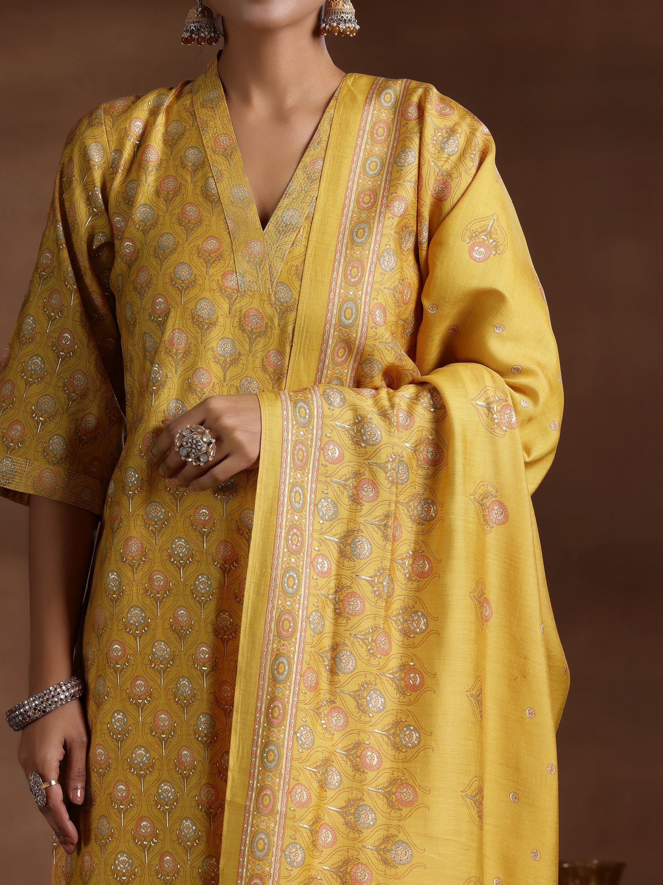 Mustard Printed Silk Blend Straight Suit With Dupatta