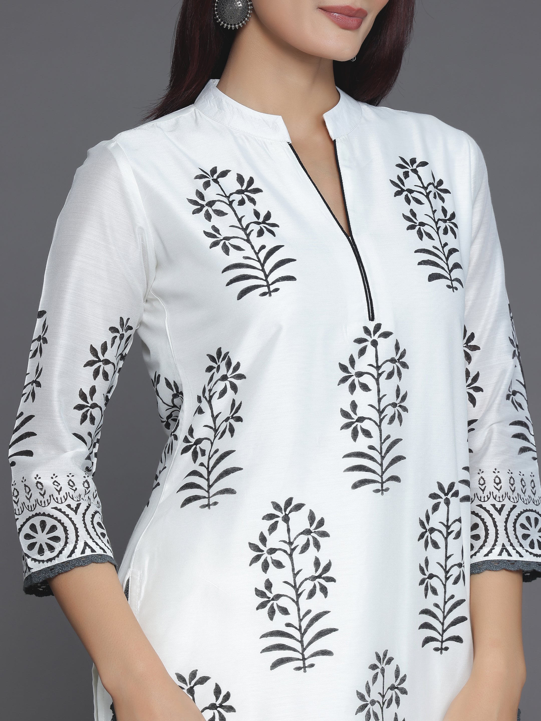 White Printed Chanderi Silk Straight Suit With Dupatta