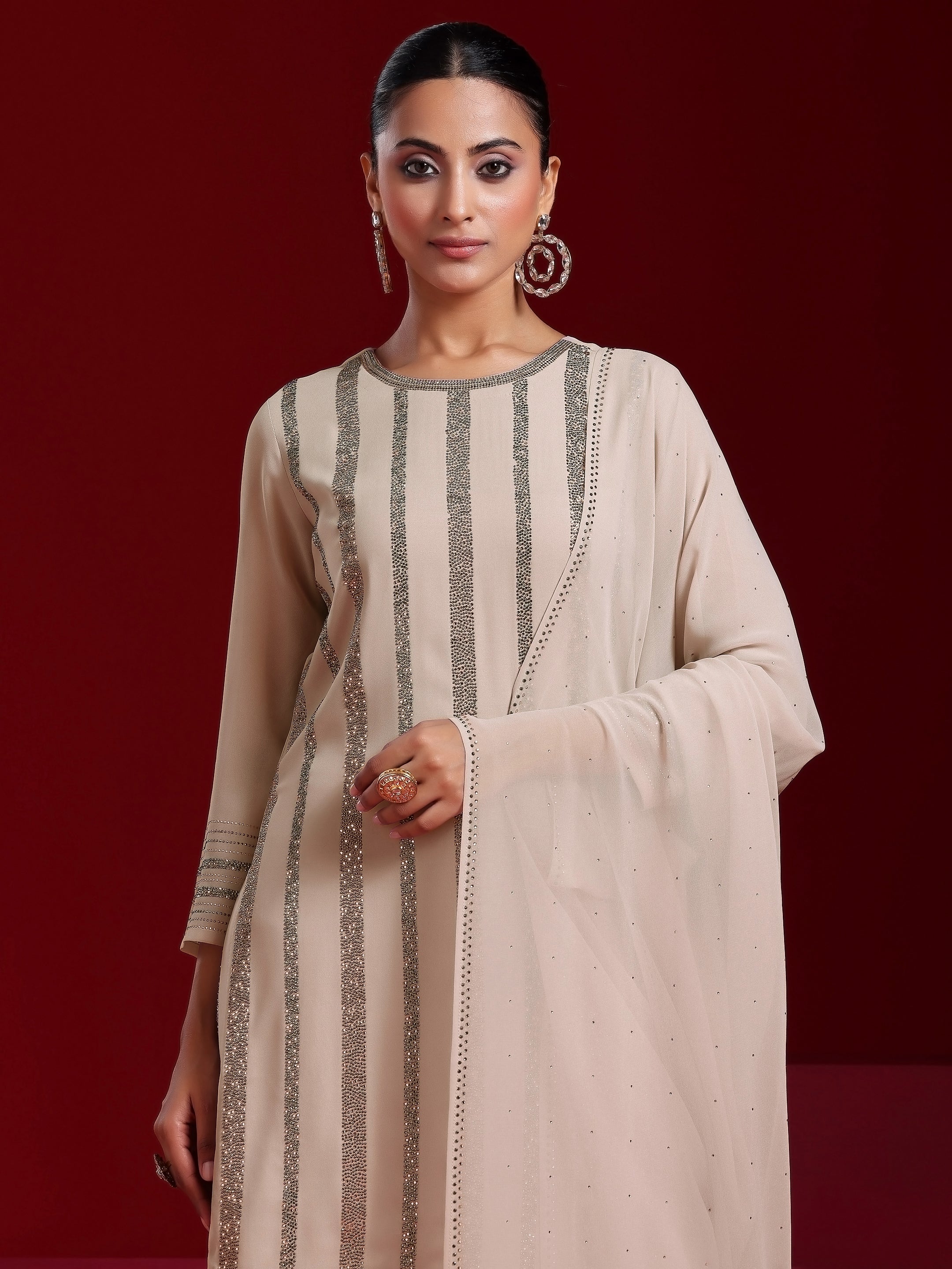 Libas Art Taupe Striped Georgette Straight Suit With Dupatta