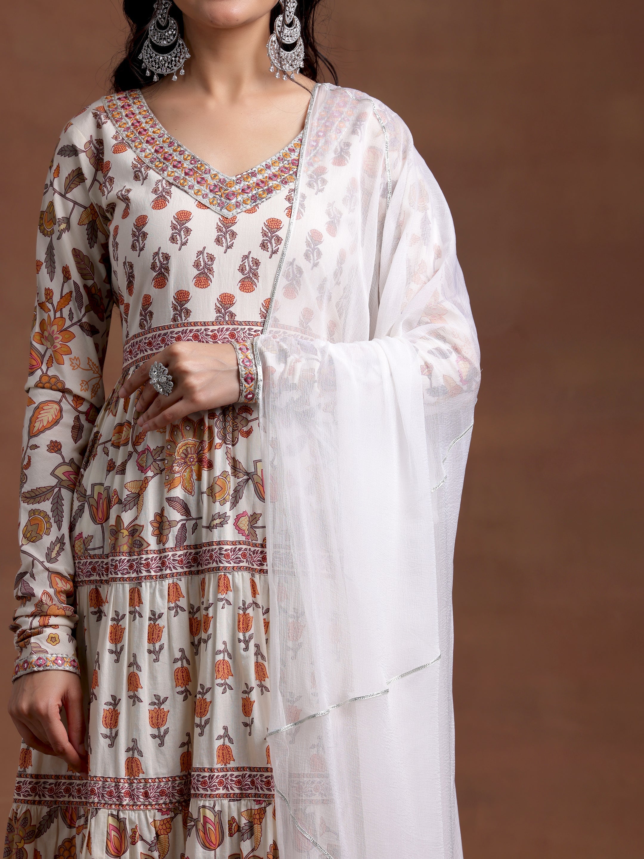 Off white Printed Cotton A-Line Kurta With Palazzos & Dupatta