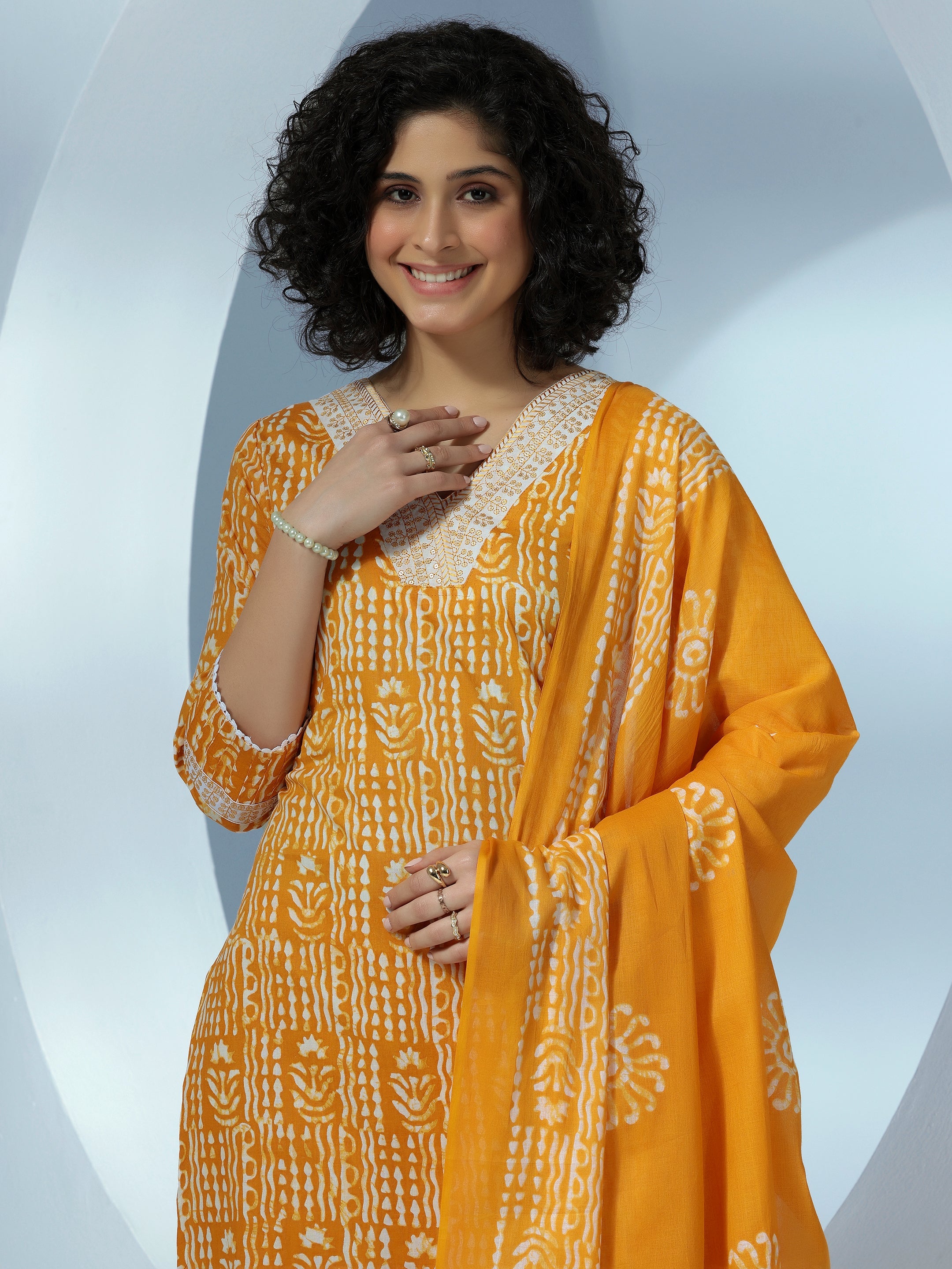 Mustard Printed Cotton Straight Suit With Dupatta