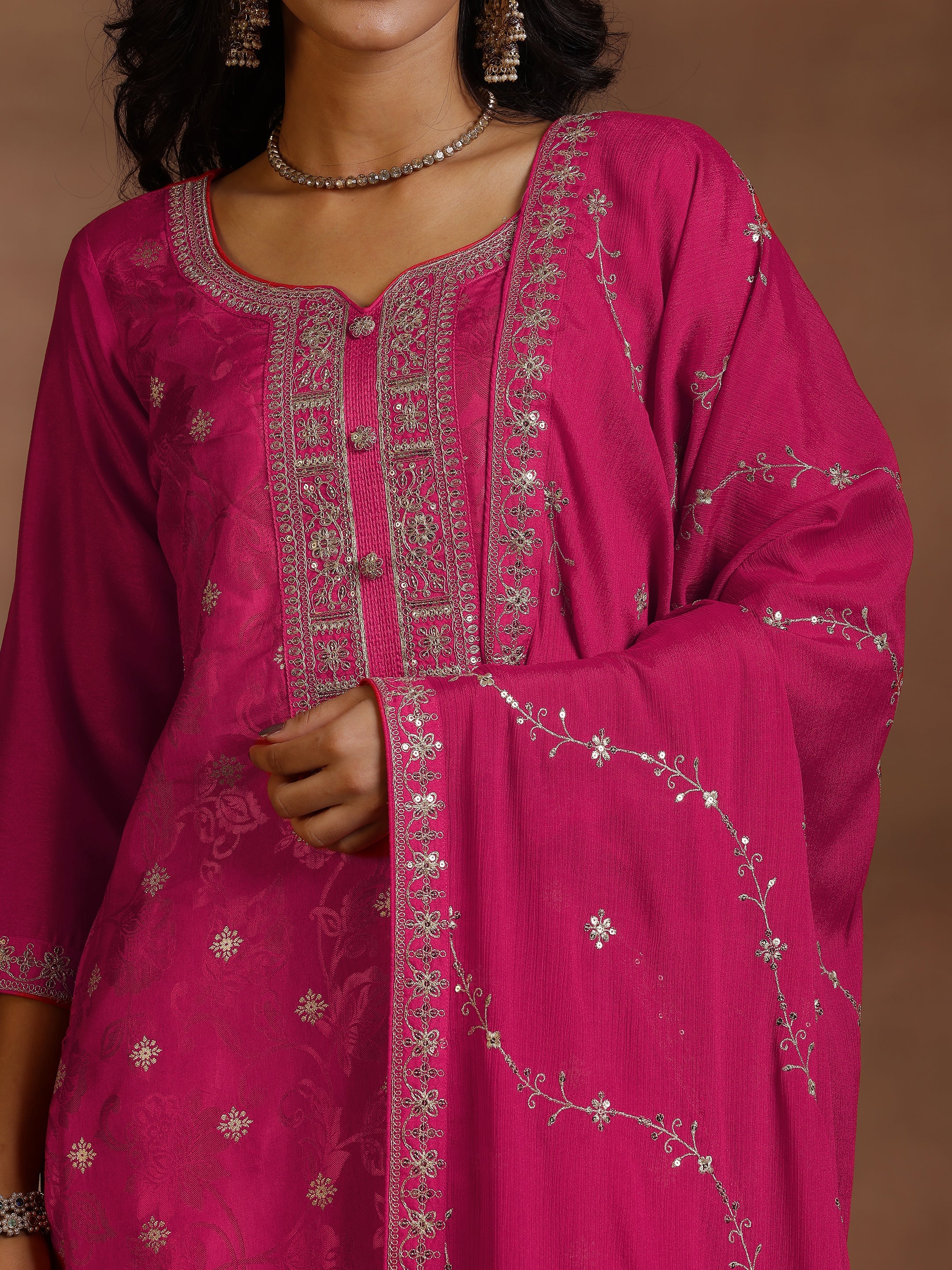 Pink Woven Design Silk Blend Straight Suit With Dupatta