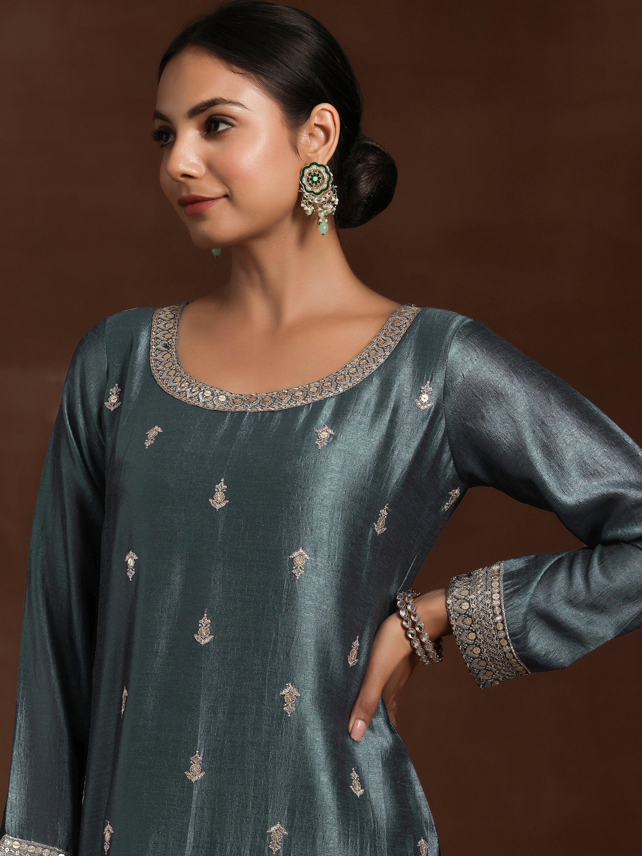 Grey Embroidered Silk Blend Straight Suit With Dupatta