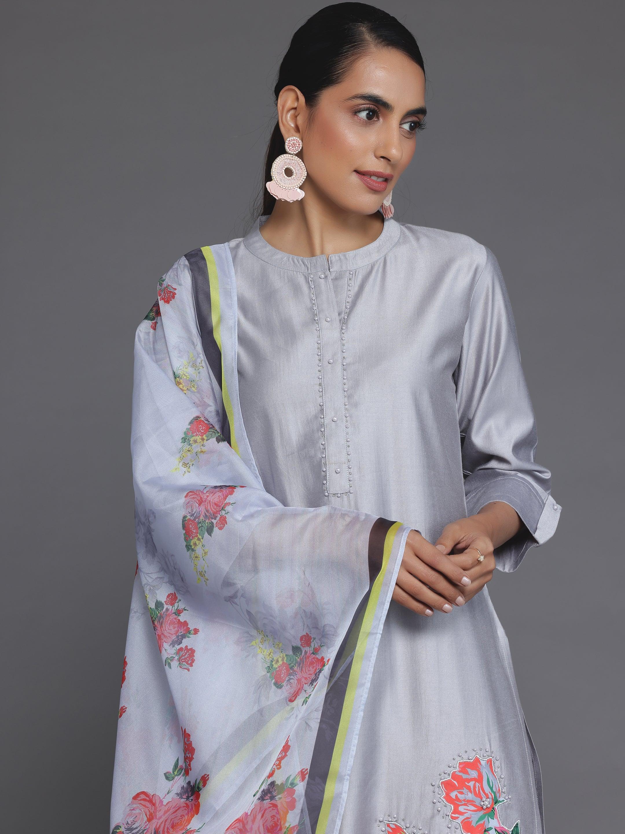 Grey Self Design Silk Blend Straight Suit With Dupatta