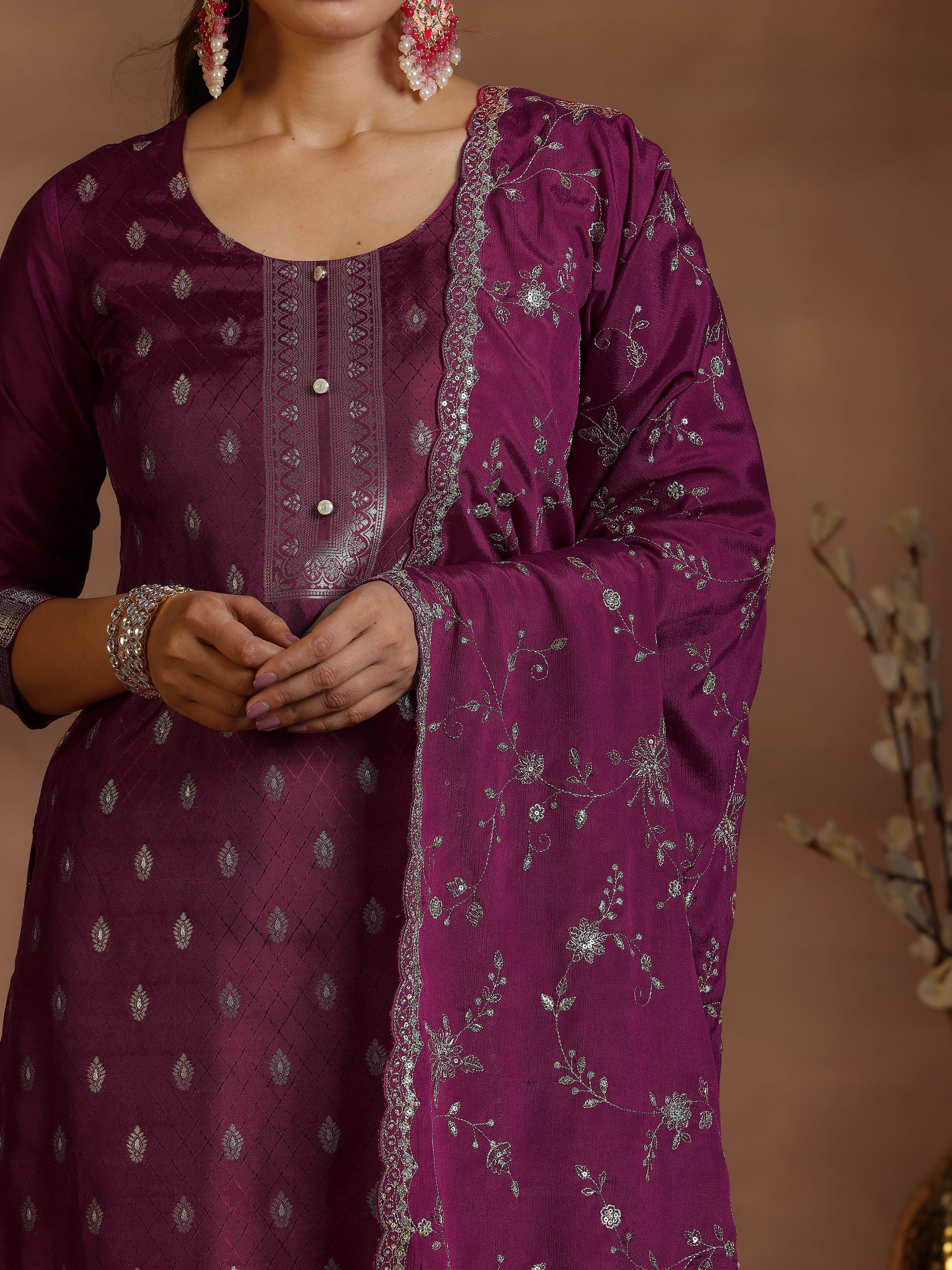 Burgundy Woven Design Silk Blend Straight Suit With Dupatta