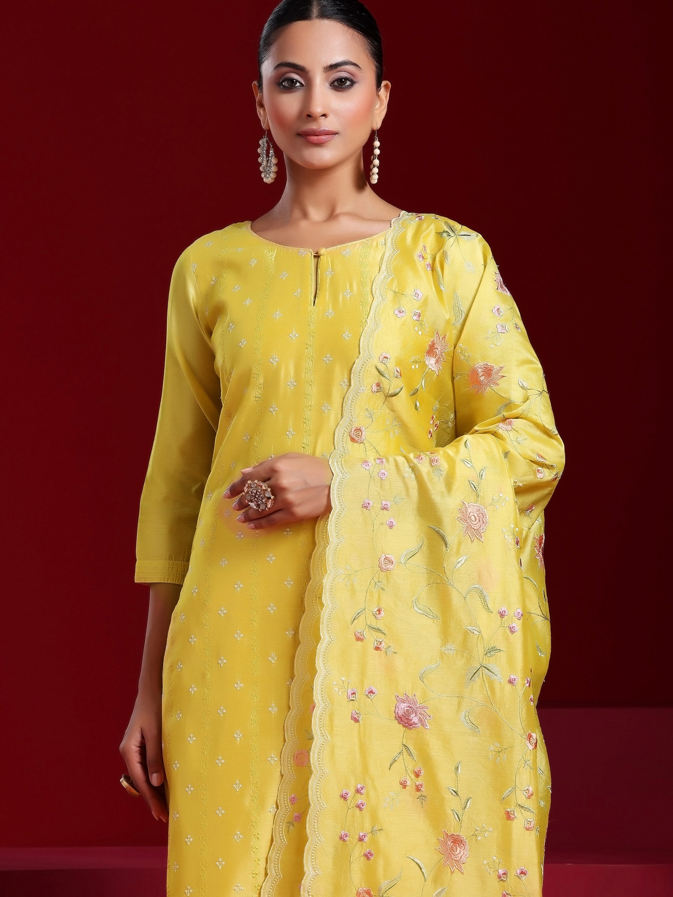 Libas Art Yellow Embroidered Chanderi Silk Straight Suit With Dupatta