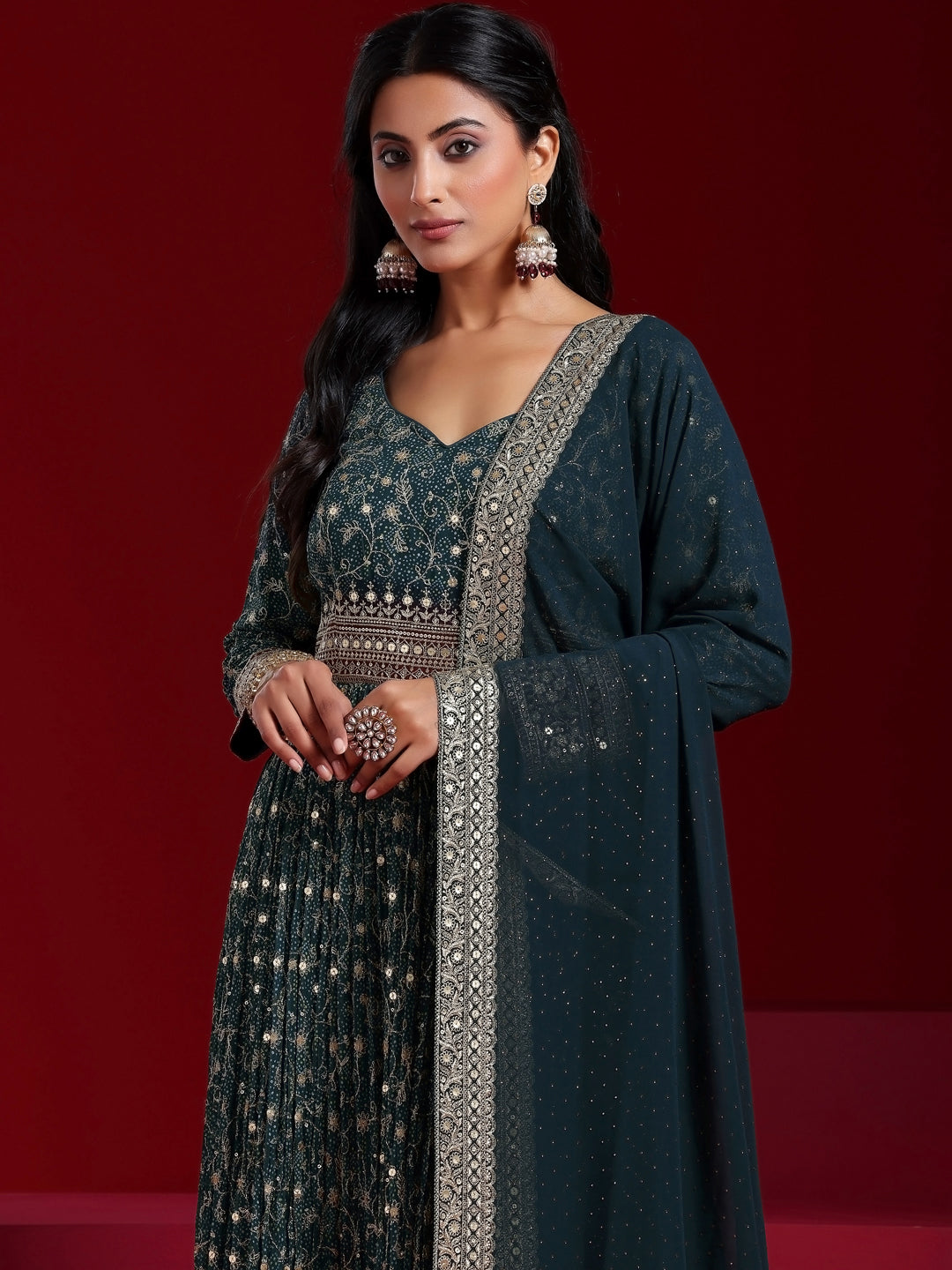 Teal Blue Printed Georgette A-Line Kurta With Trousers & Dupatta