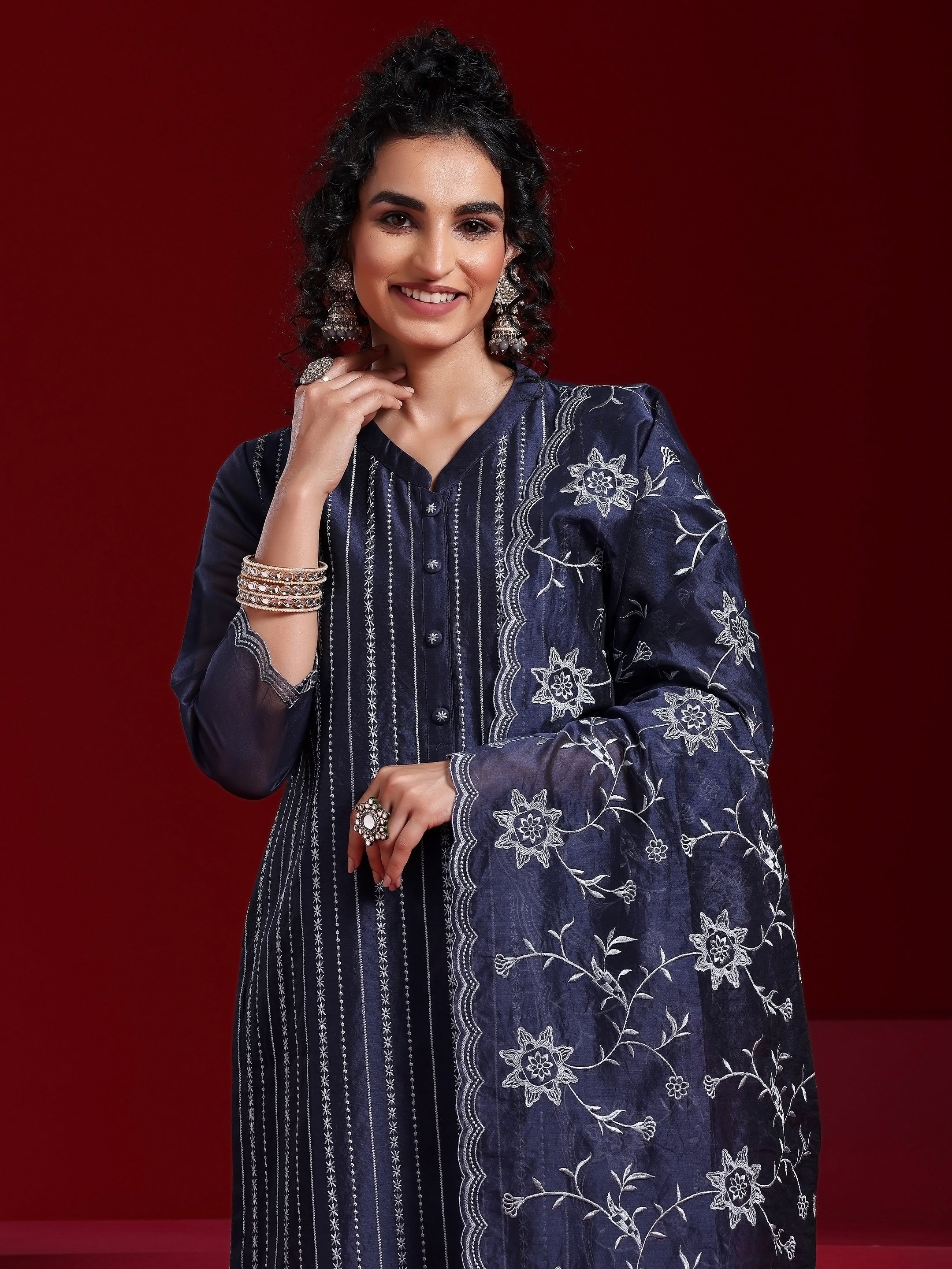 Libas Art Blue Embroidered Chanderi Silk Straight Suit With Dupatta