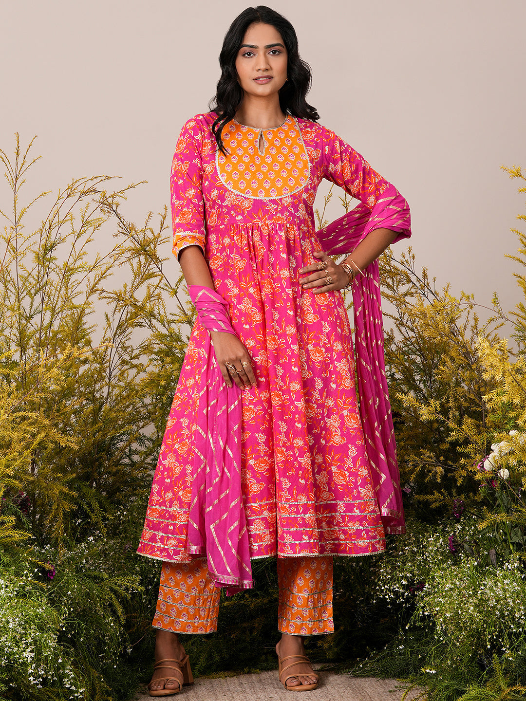 Pink Yoke Design Cotton Anarkali Suit With Dupatta