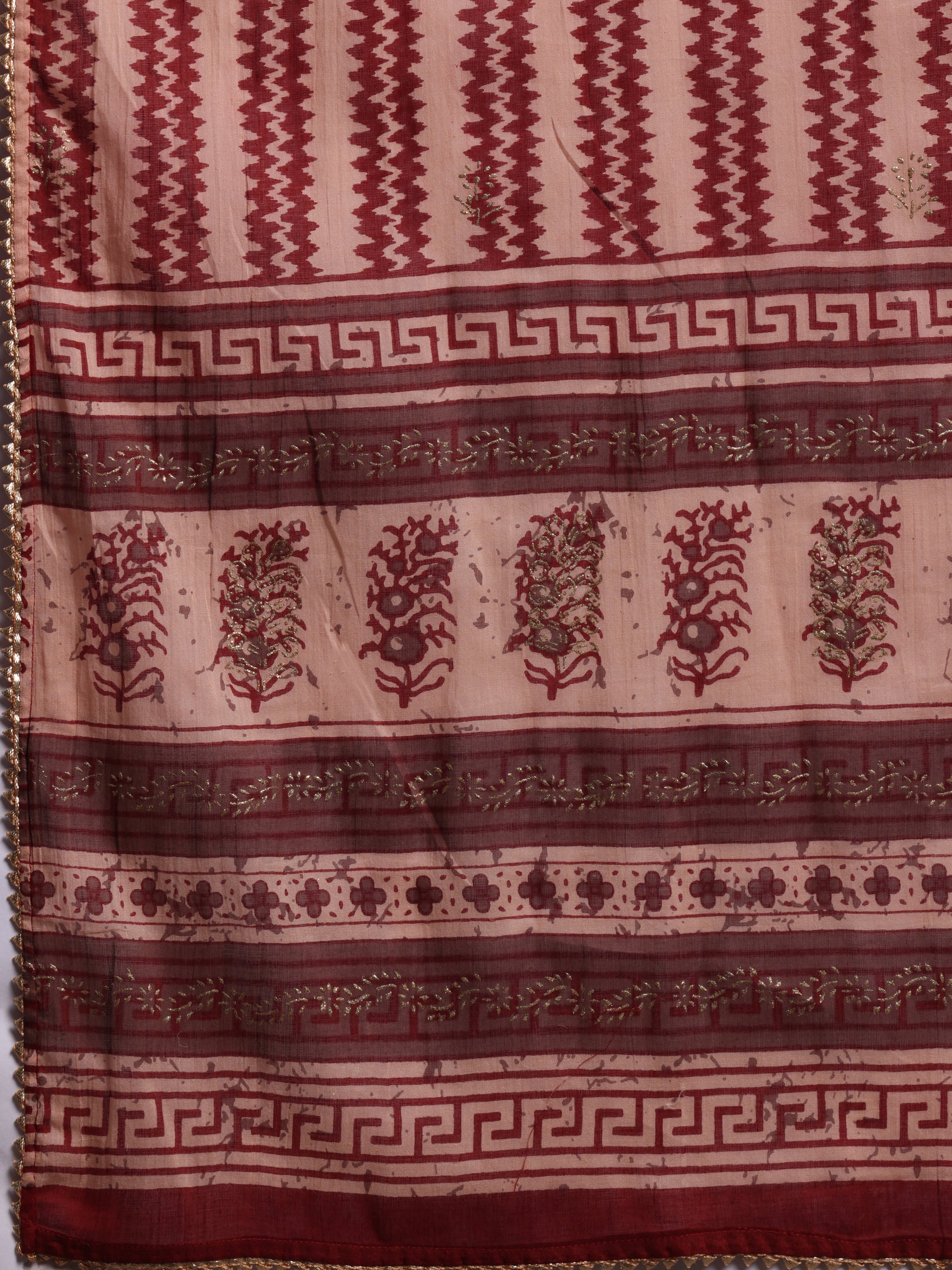 Maroon Printed Cotton Straight Suit With Dupatta