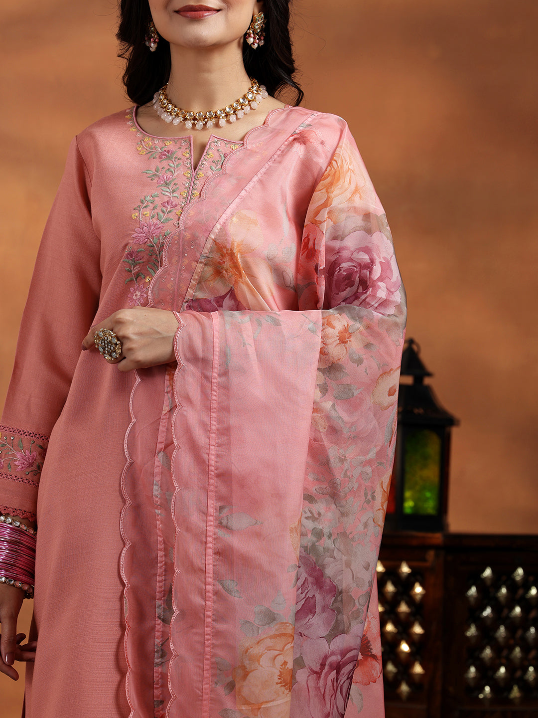 Peach Yoke Design Silk Blend Straight Suit With Dupatta