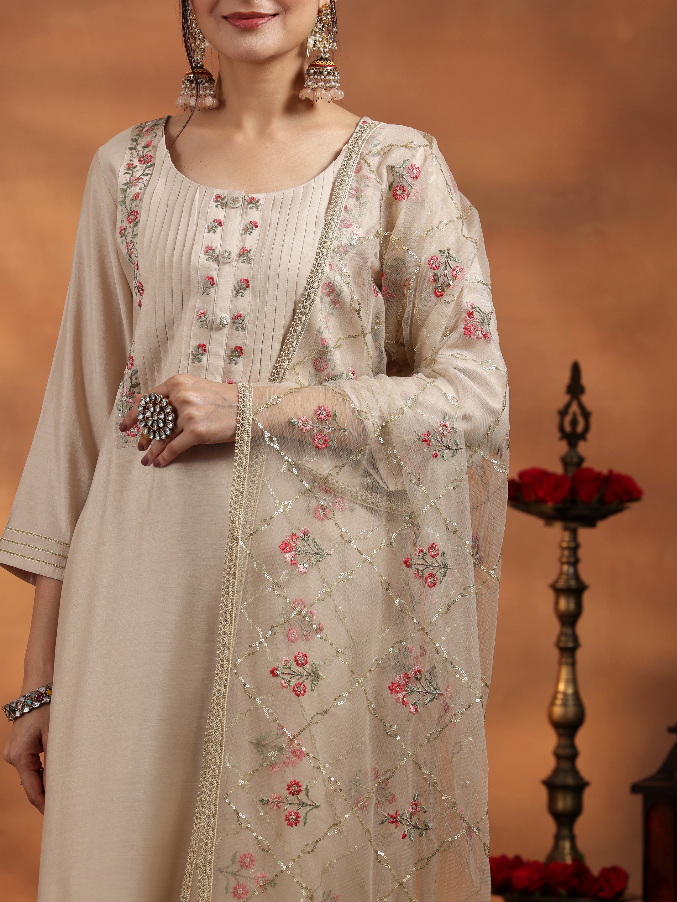 Ivory Yoke Design Silk Blend Straight Suit With Dupatta