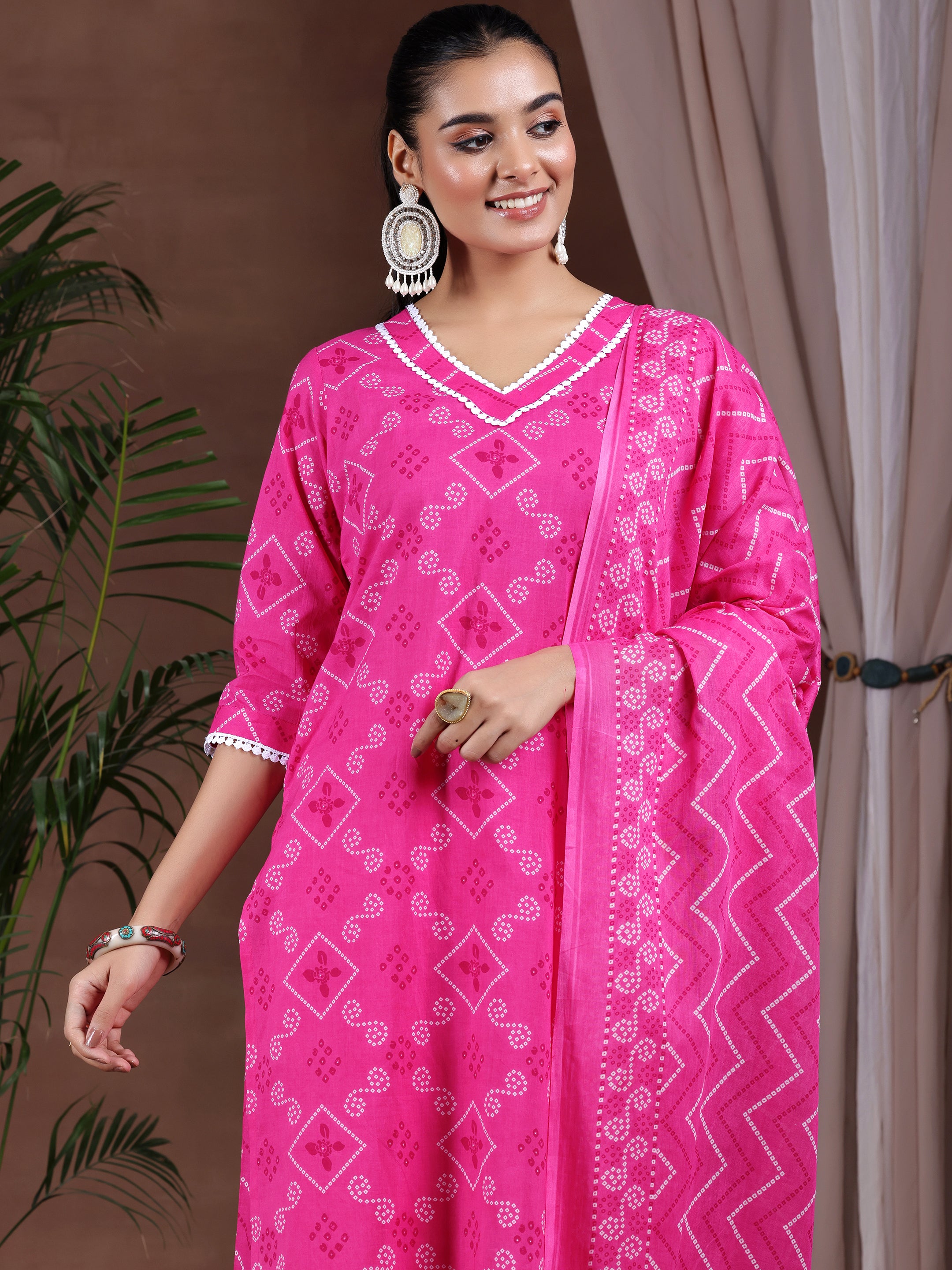 Pink Printed Cotton Straight Suit With Dupatta