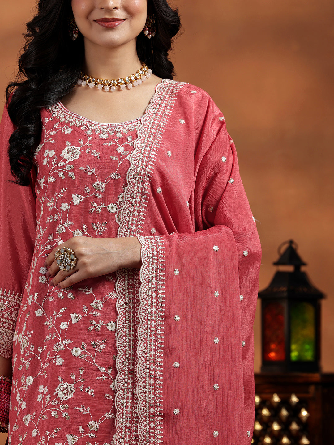 Coral Embroidered Silk Blend Straight Suit With Dupatta