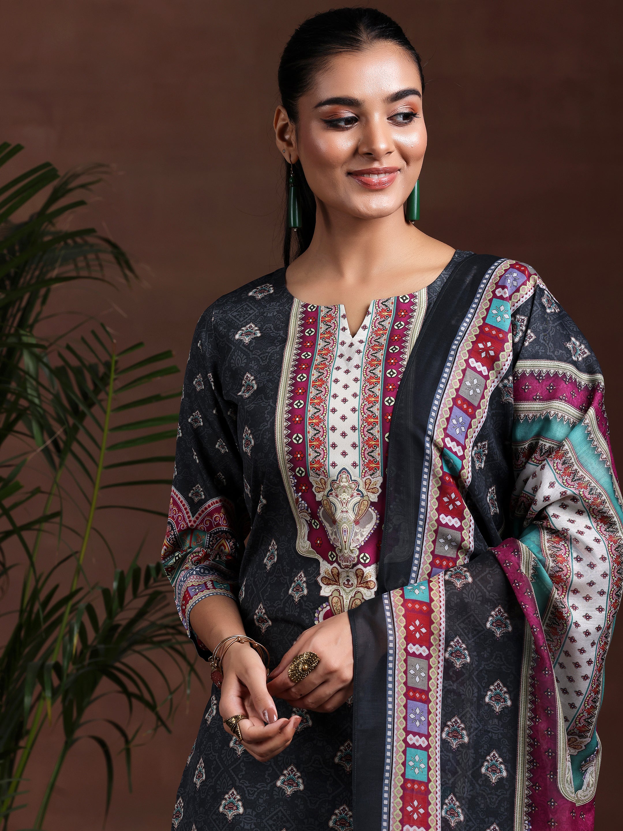 Black Printed Poly Crepe Straight Suit With Dupatta