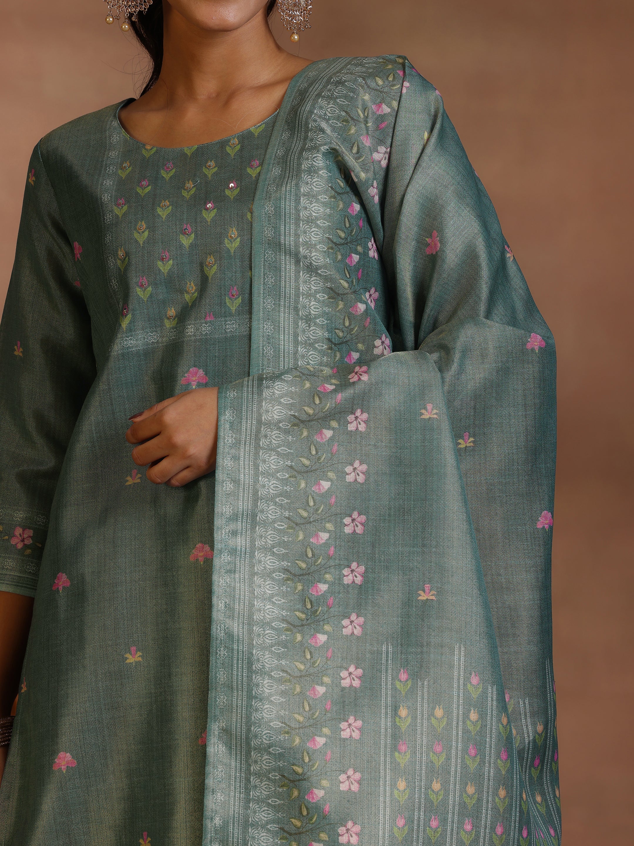 Green Printed Silk Blend Straight Suit With Dupatta