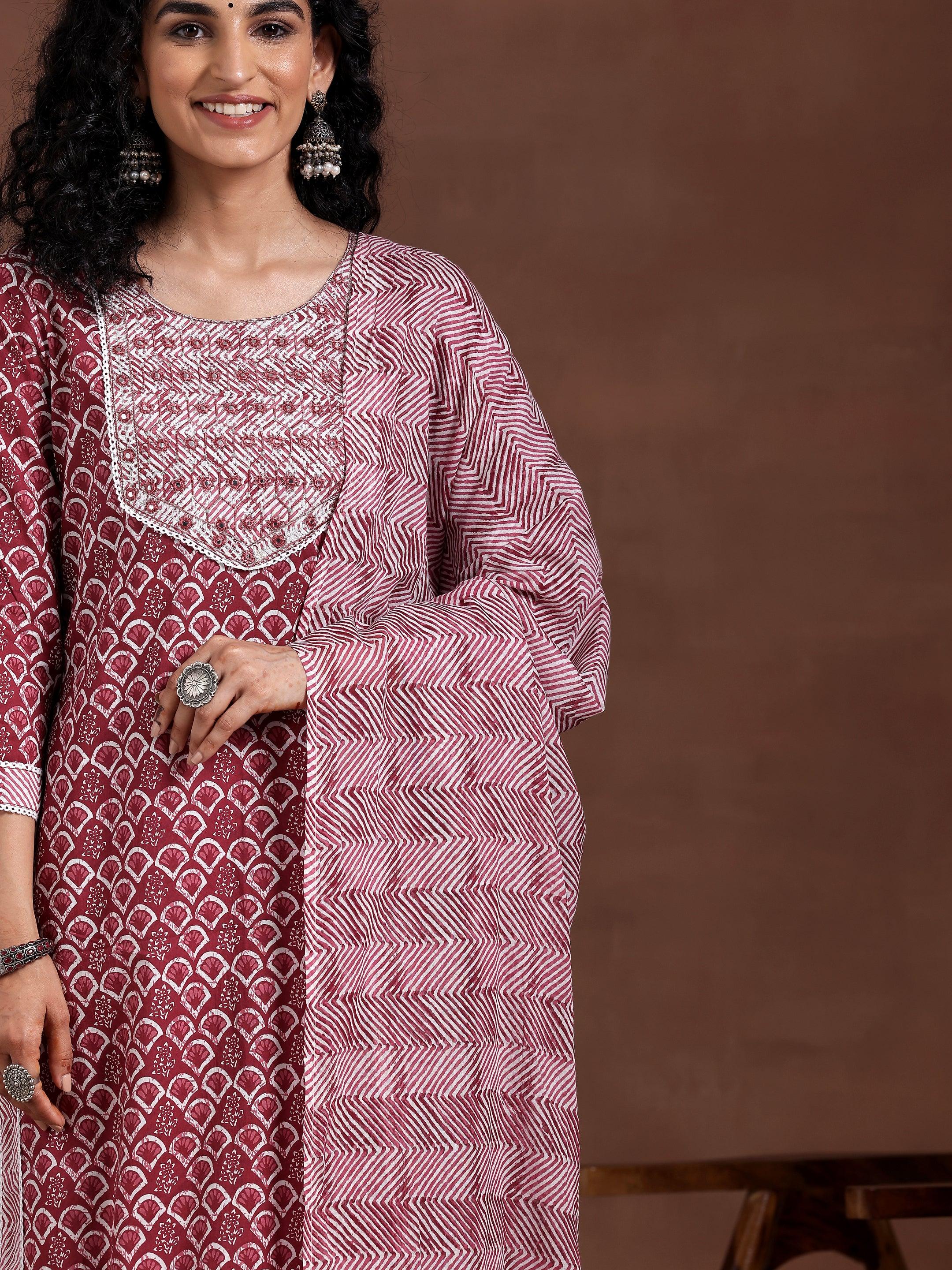 Maroon Printed Cotton Straight Suit With Dupatta