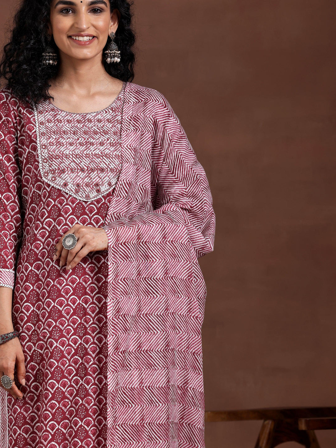 Maroon Printed Cotton Straight Suit With Dupatta - Libas