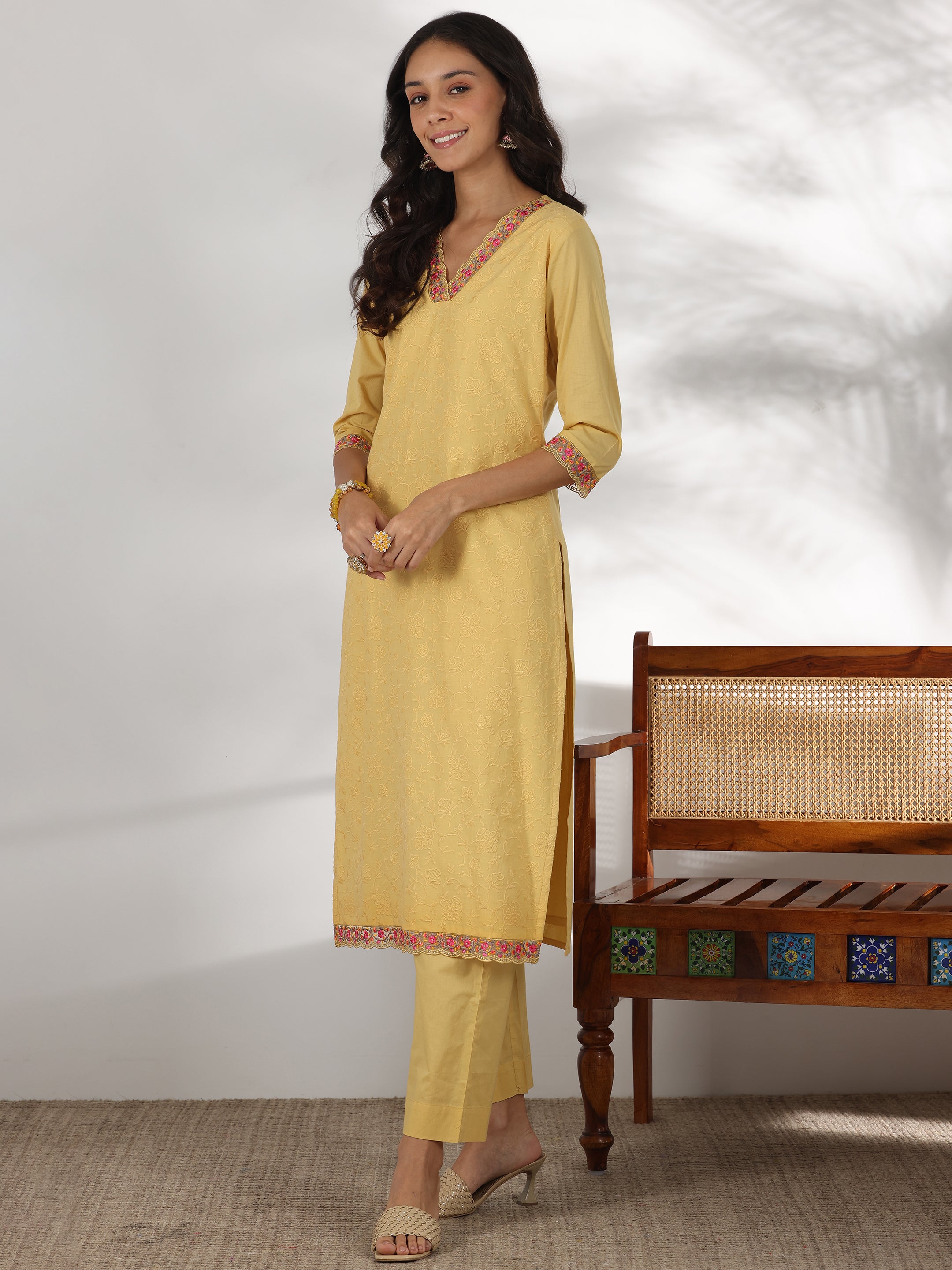 Lime Embroidered Cotton Straight Suit With Dupatta