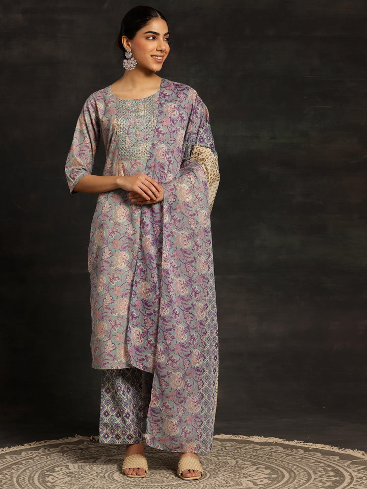 Powder Blue Printed Cotton Straight Kurta With Palazzos & Dupatta - ShopLibas