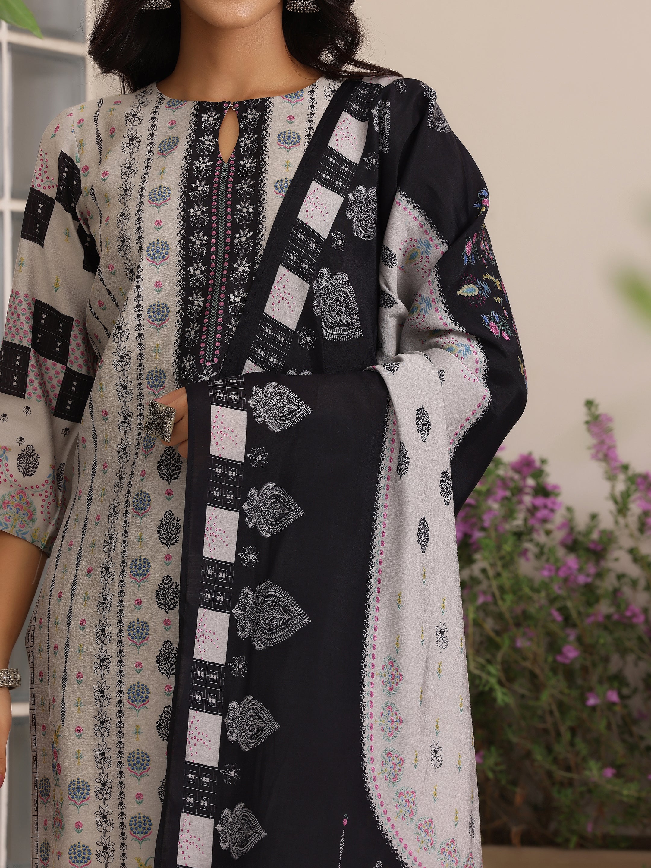 Grey Printed Silk Blend Straight Suit With Dupatta