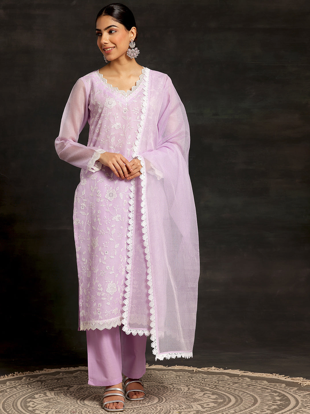 Lavender Embroidered Cotton Straight Suit With Dupatta