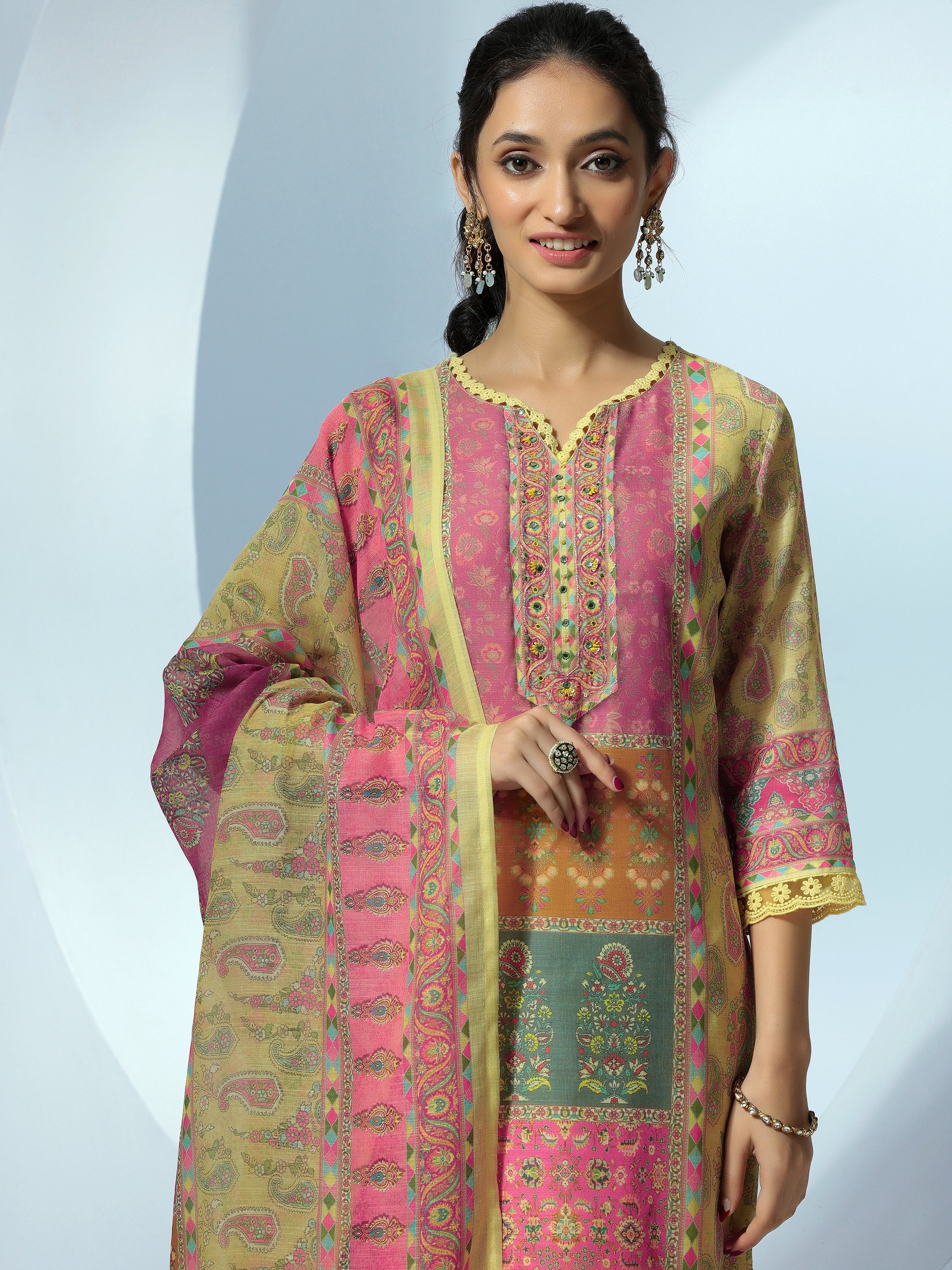 Yellow Printed Linen Straight Suit With Dupatta