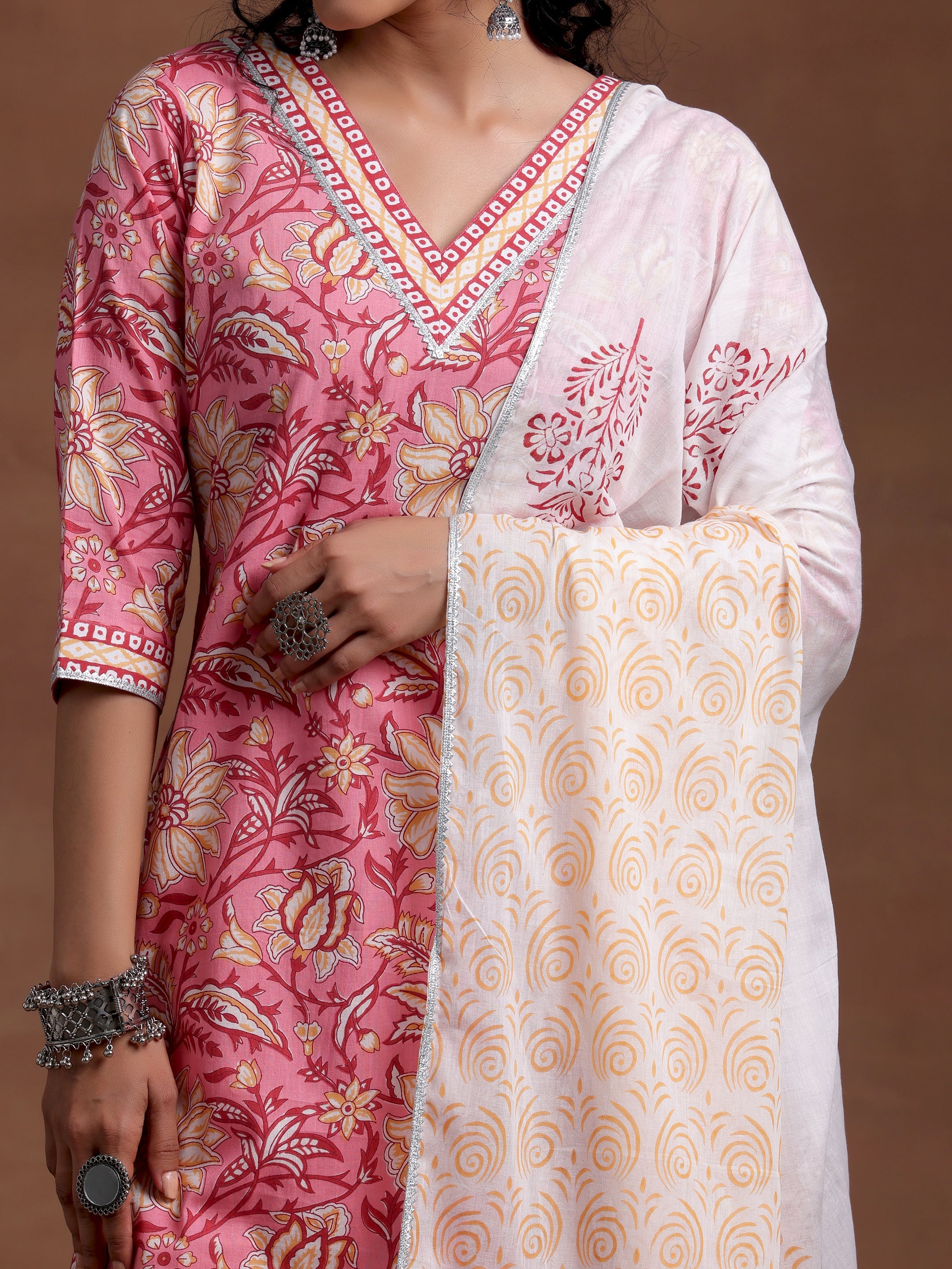 Pink Printed Cotton Straight Suit With Dupatta