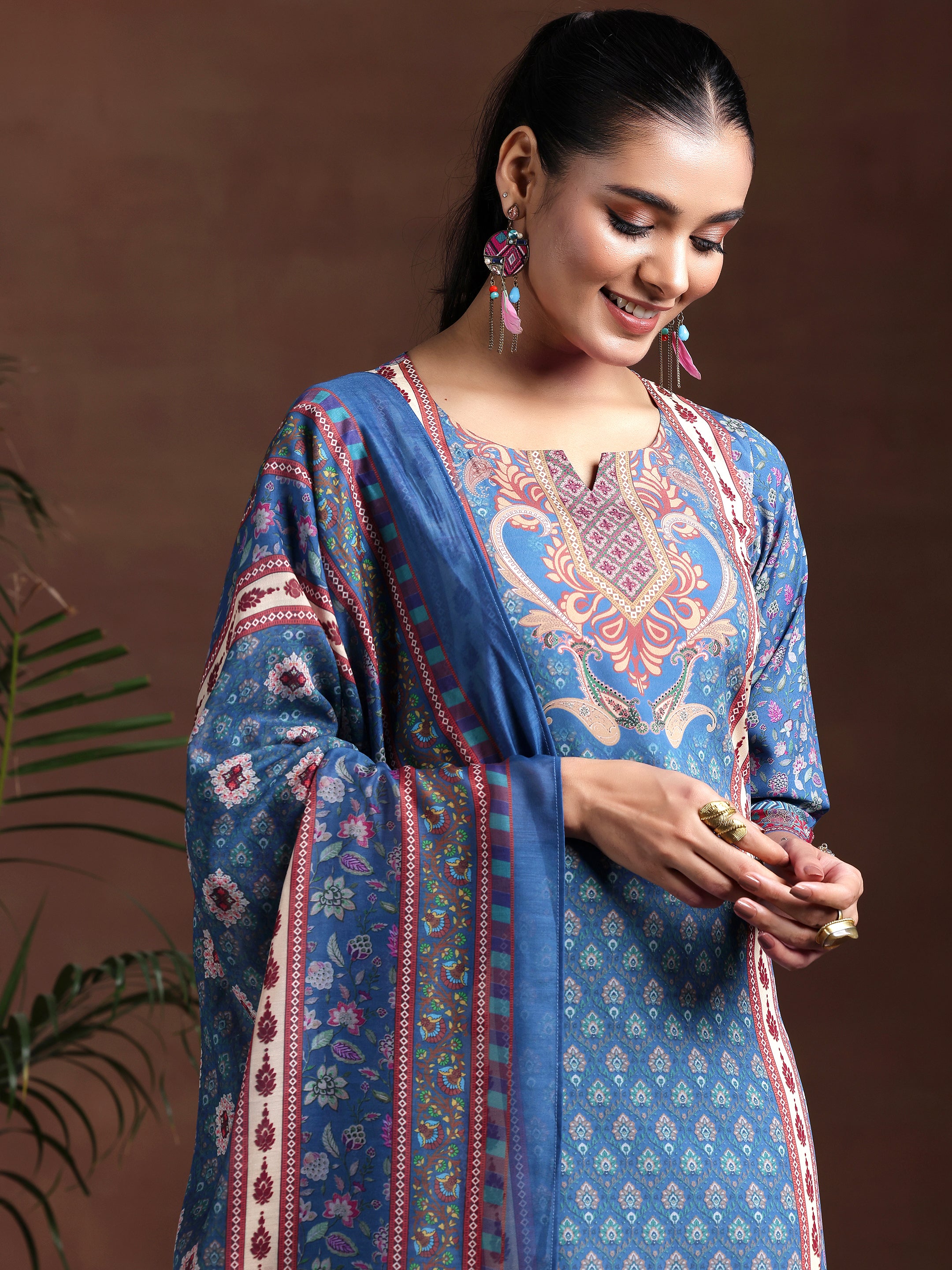 Blue Printed Poly Crepe Straight Suit With Dupatta