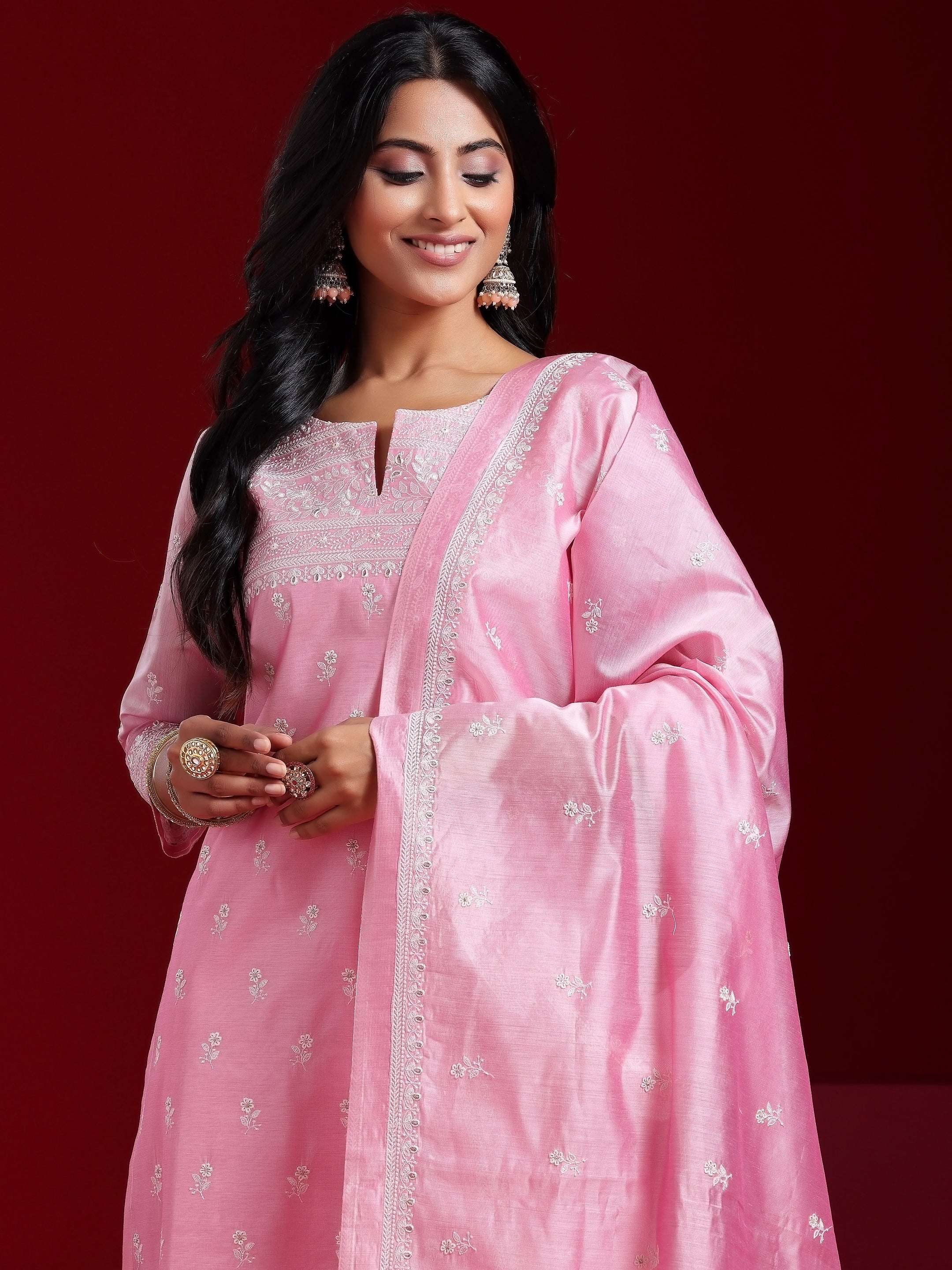 Libas Art Pink Embroidered Chanderi Silk Straight Suit With Dupatta