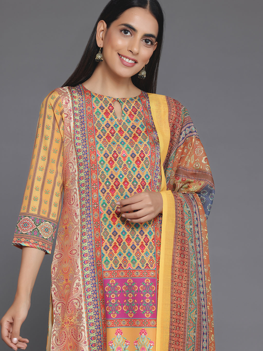 Mustard Printed Poly Crepe Straight Suit With Dupatta