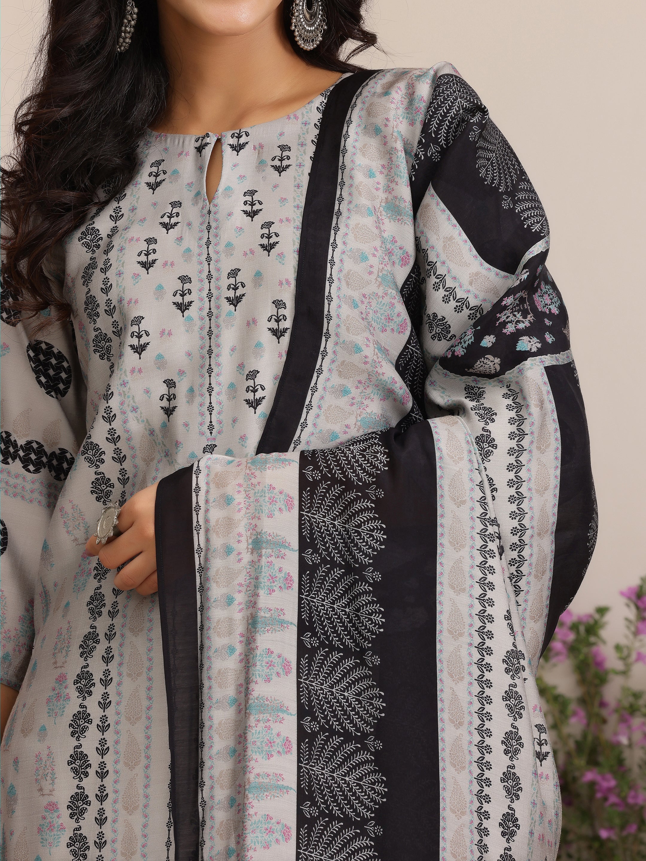 Grey Printed Silk Blend Straight Suit With Dupatta