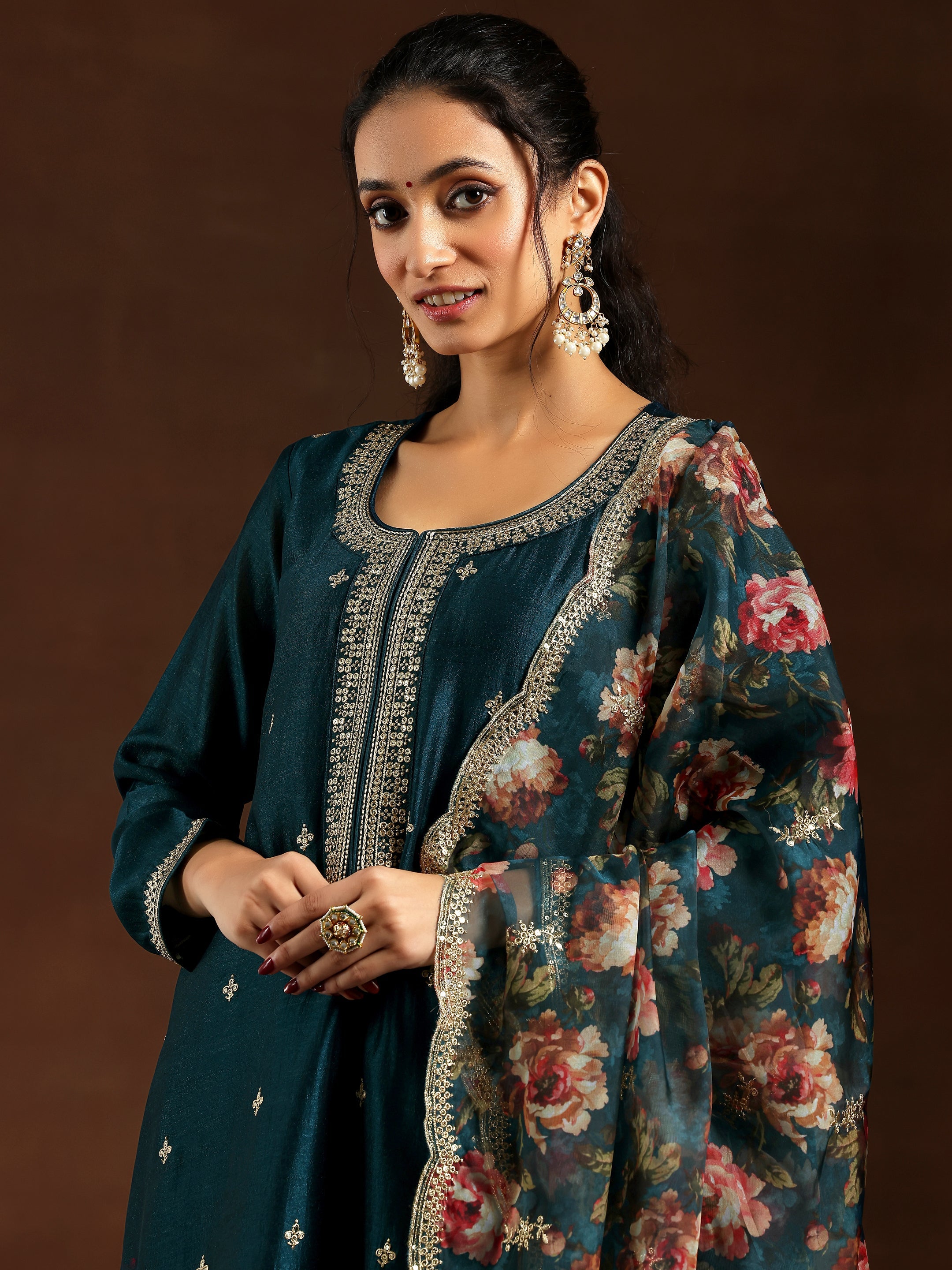 Teal Embroidered Silk Blend Straight Suit With Dupatta