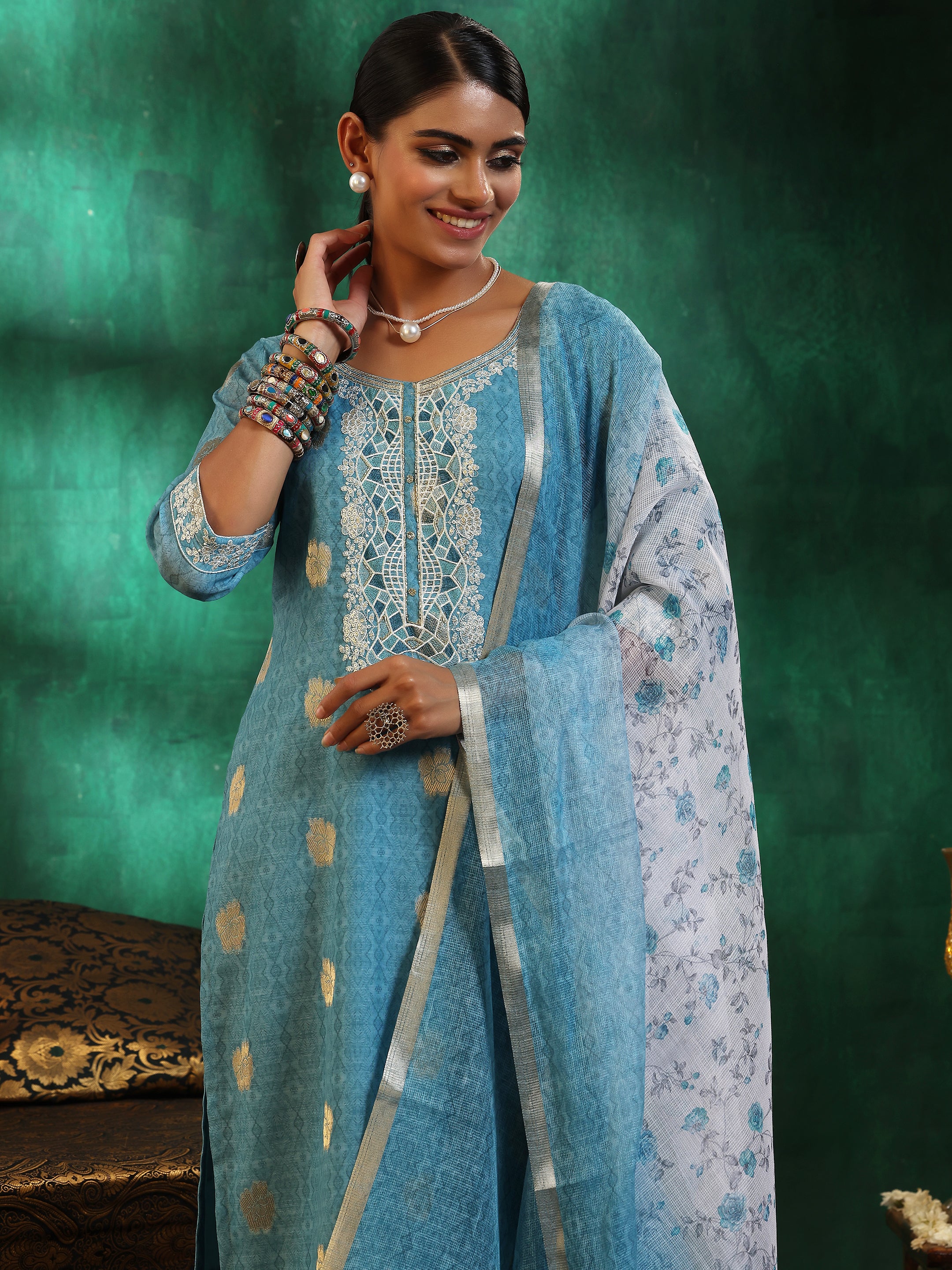 Turquoise Blue Printed Silk Blend Straight Suit With Dupatta