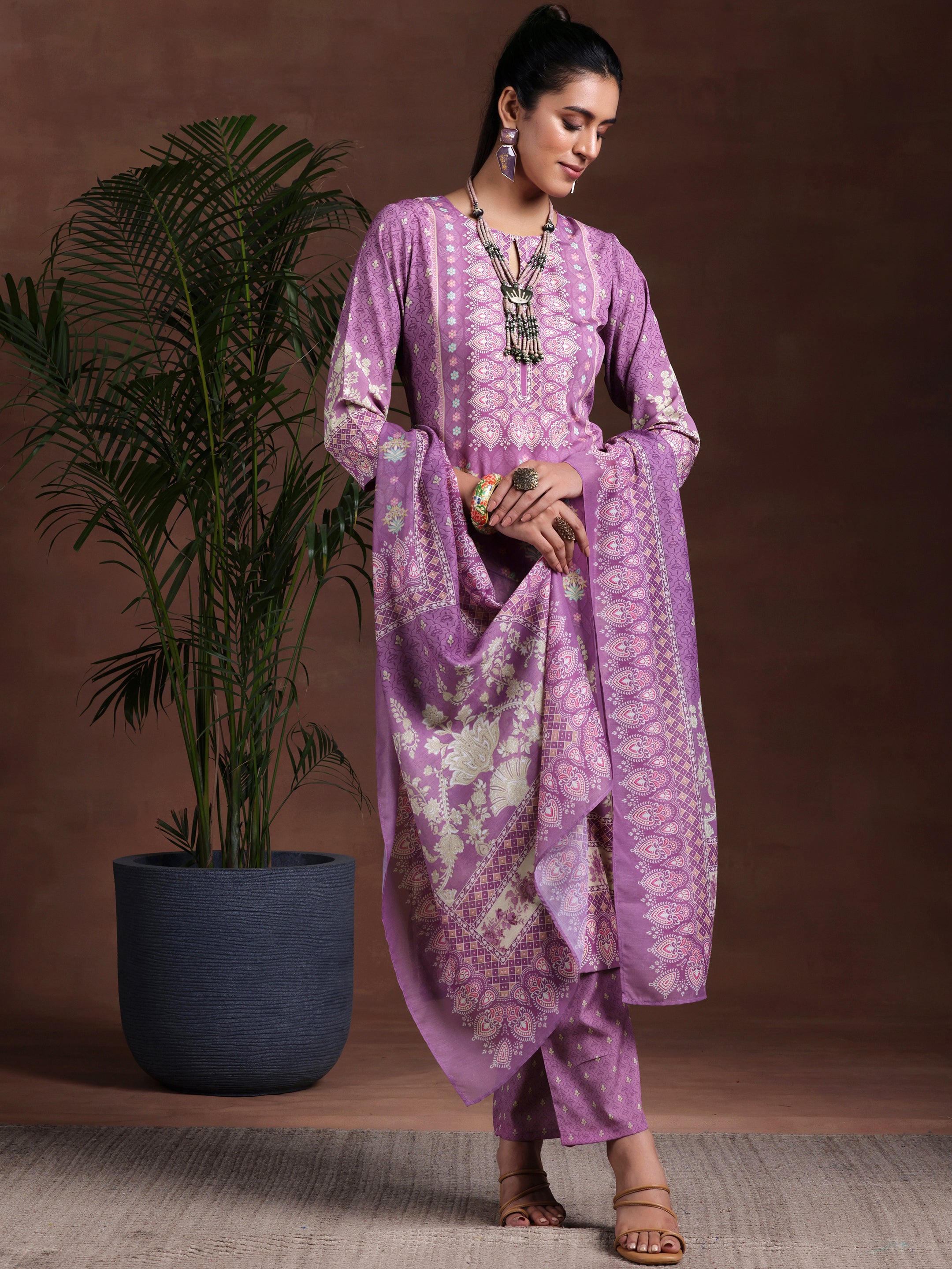 Purple Printed Poly Crepe Straight Suit With Dupatta