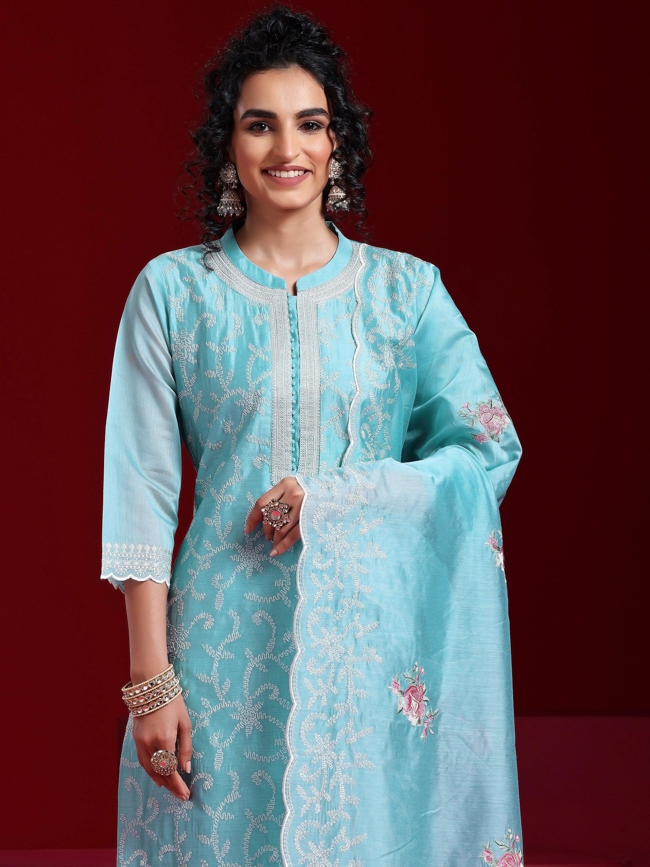 Libas Art Blue Embroidered Chanderi Silk Straight Suit With Dupatta