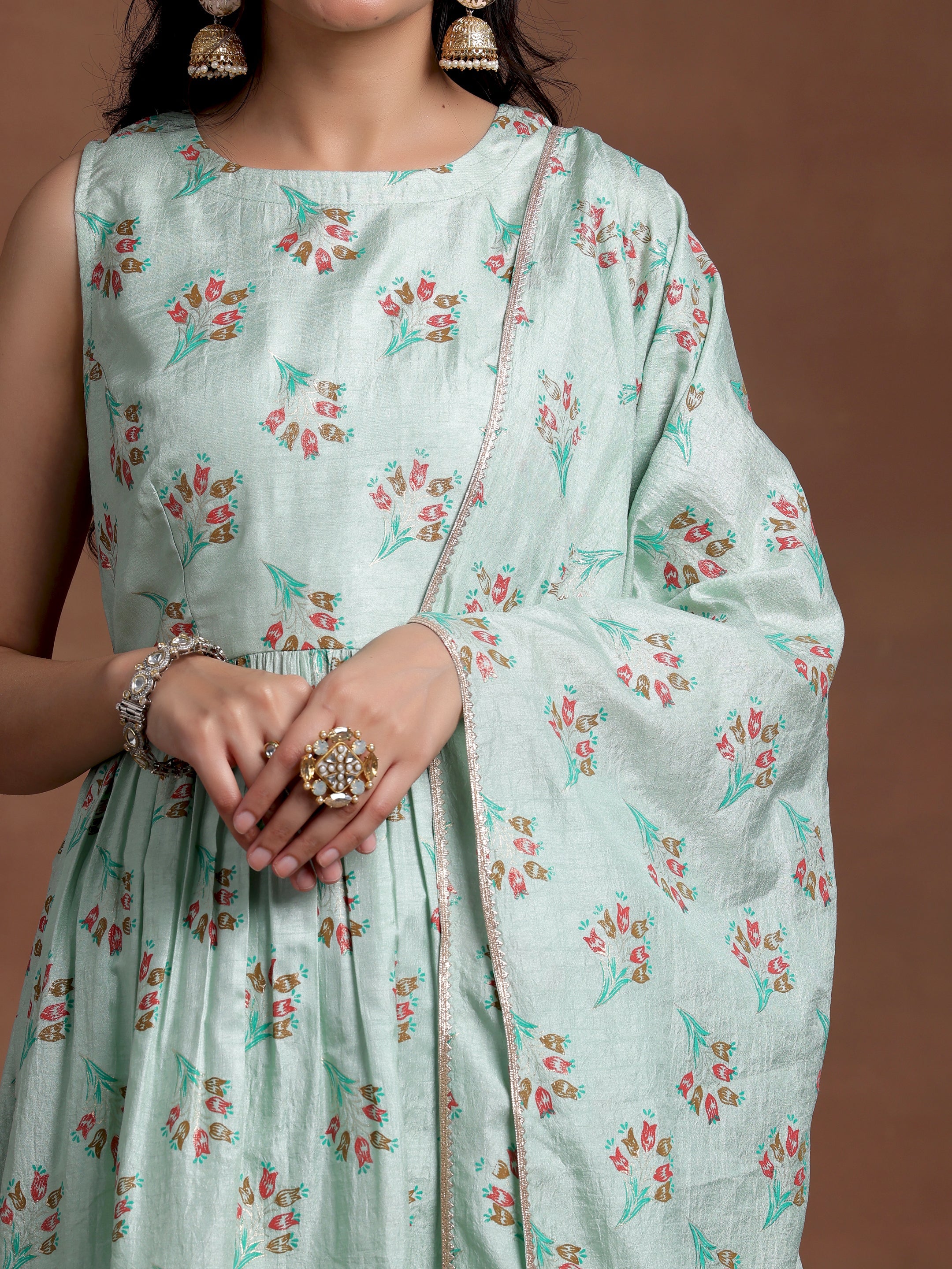 Sea green Printed Silk Blend A-Line Kurta With Palazzos & Dupatta