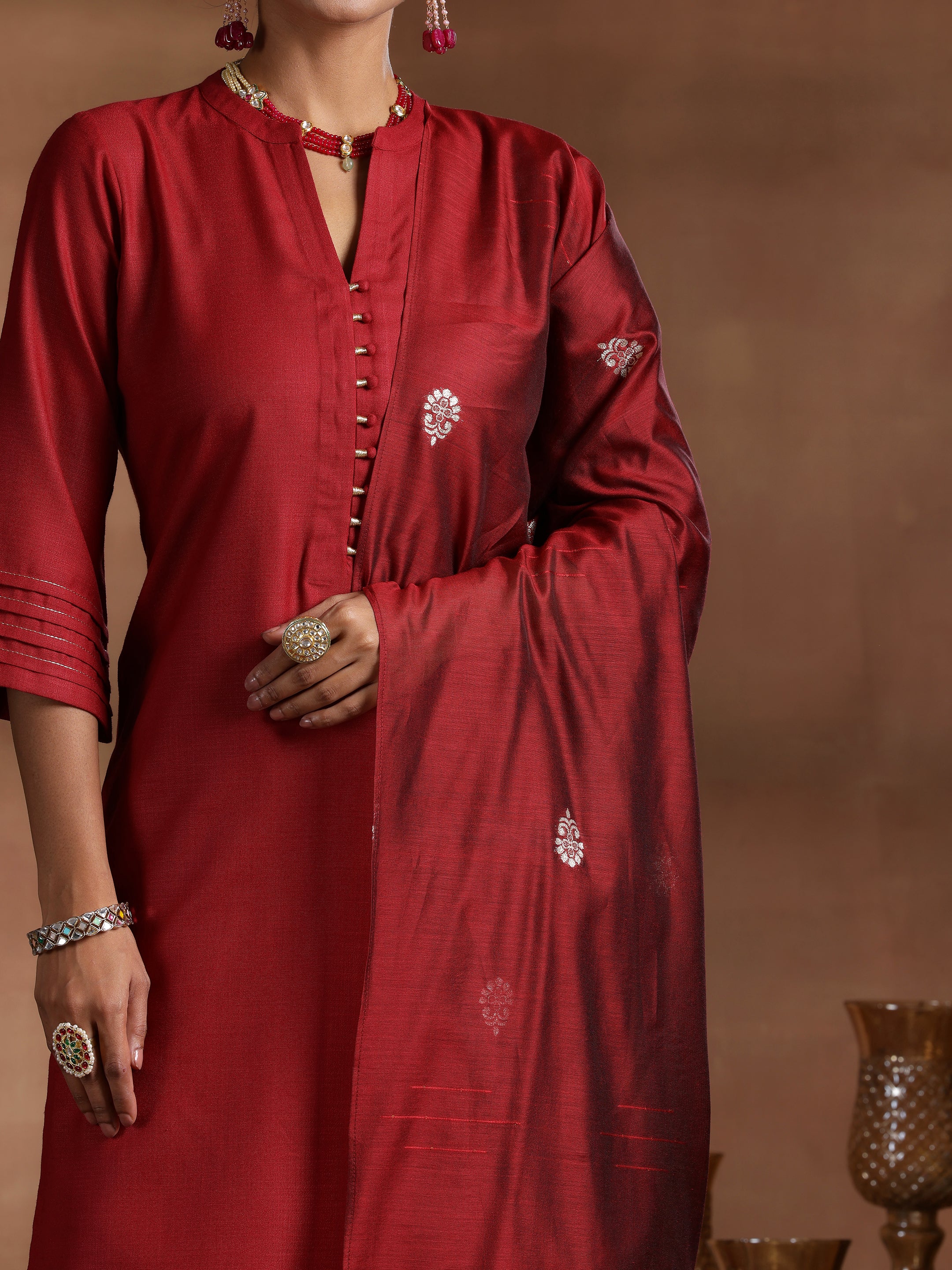 Maroon Solid Silk Blend Straight Suit With Dupatta